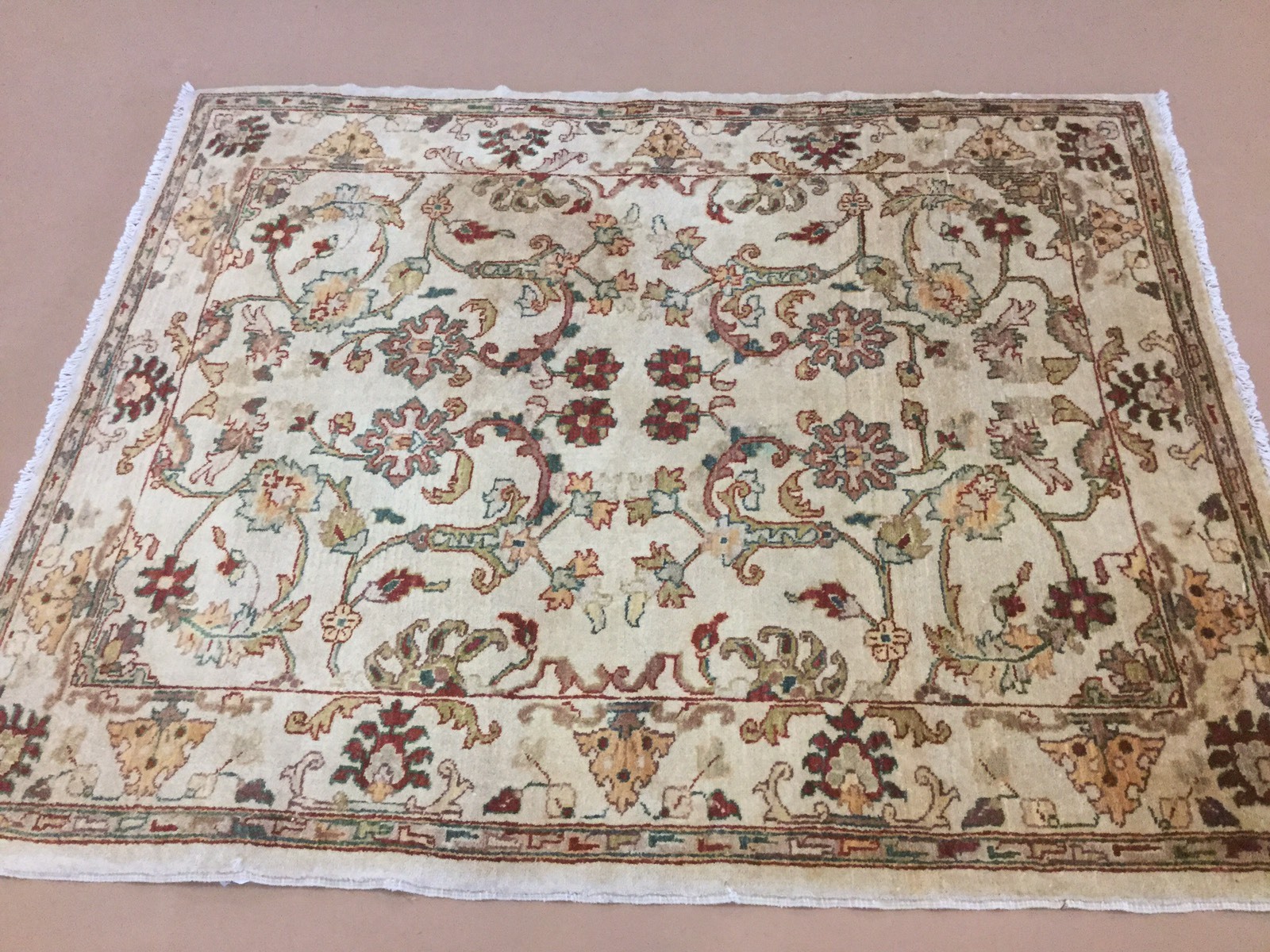 4′.3″ X 5′.2″ Square Beige Red Fine Ziegler Oriental Rug Hand Knotted Wool Foyer