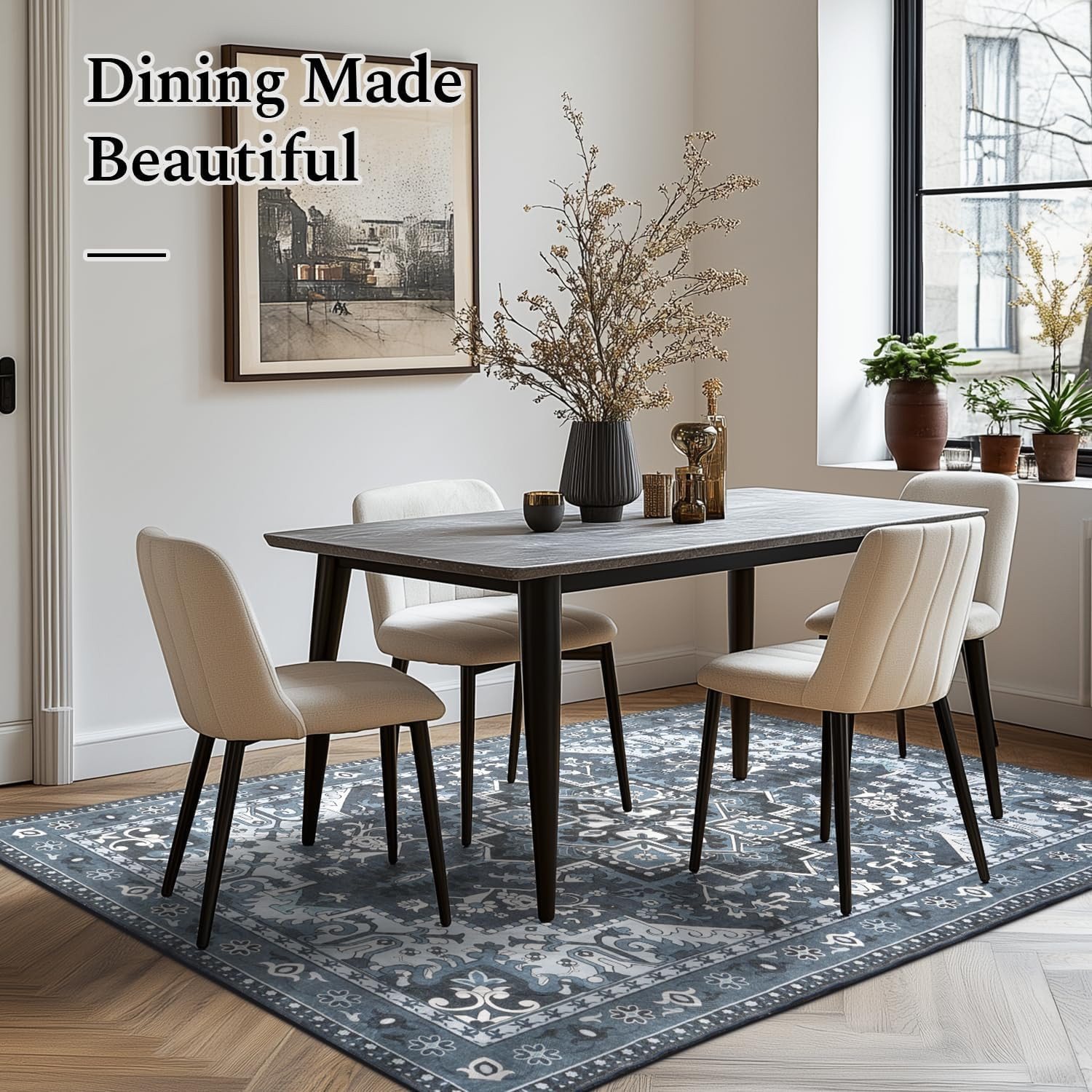 Machine Washable Dark Navy Blue Area Rug – Soft Non-Slip Vintage Carpet 10×14