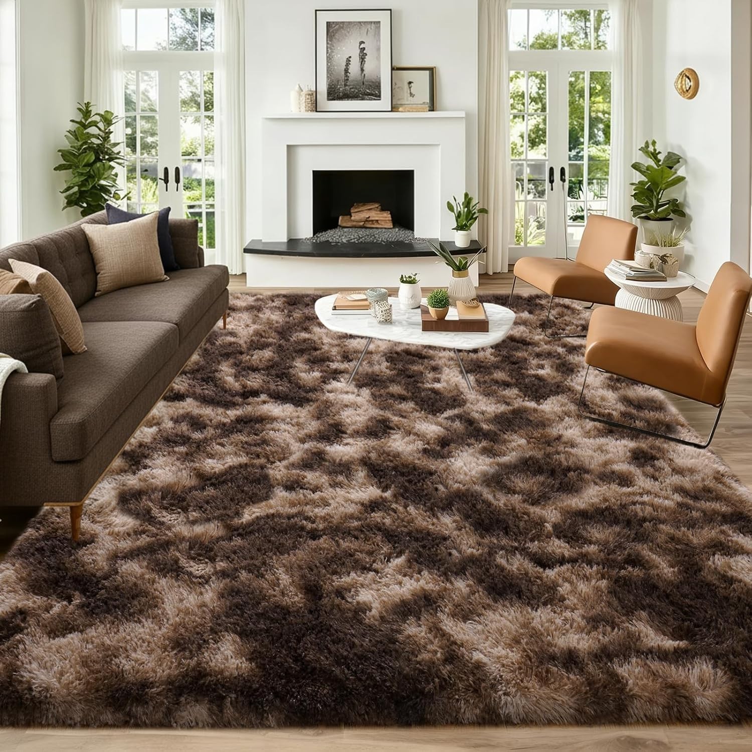 Fluffy Area Rugs 8×10 Large Tie-dyed Coffee Carpet for Living Room Bedroom Floor