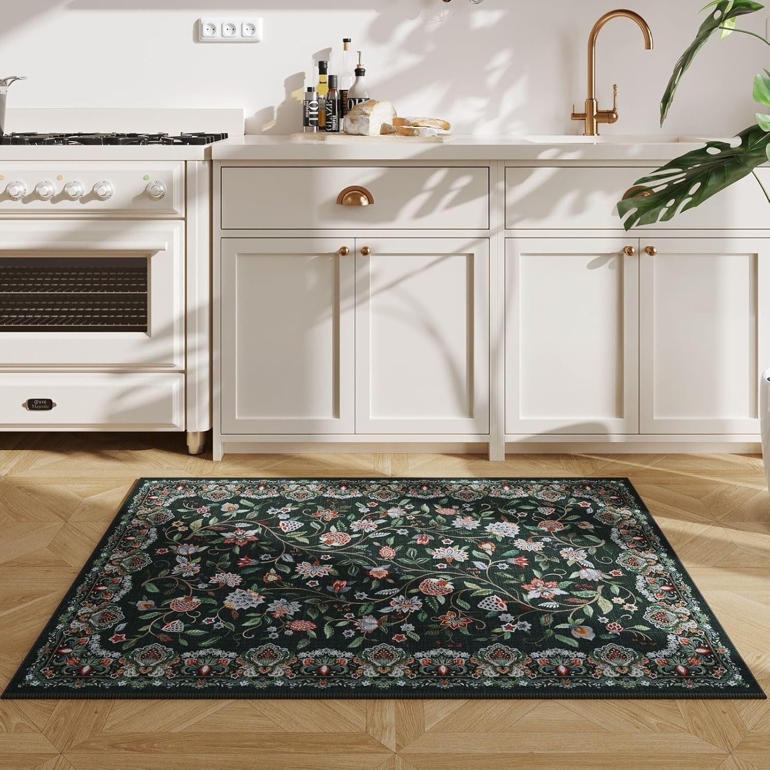 Strawberry Thief Area Rug Dark Green, Ultra Thin 3×5 Washable RugModern Abstract