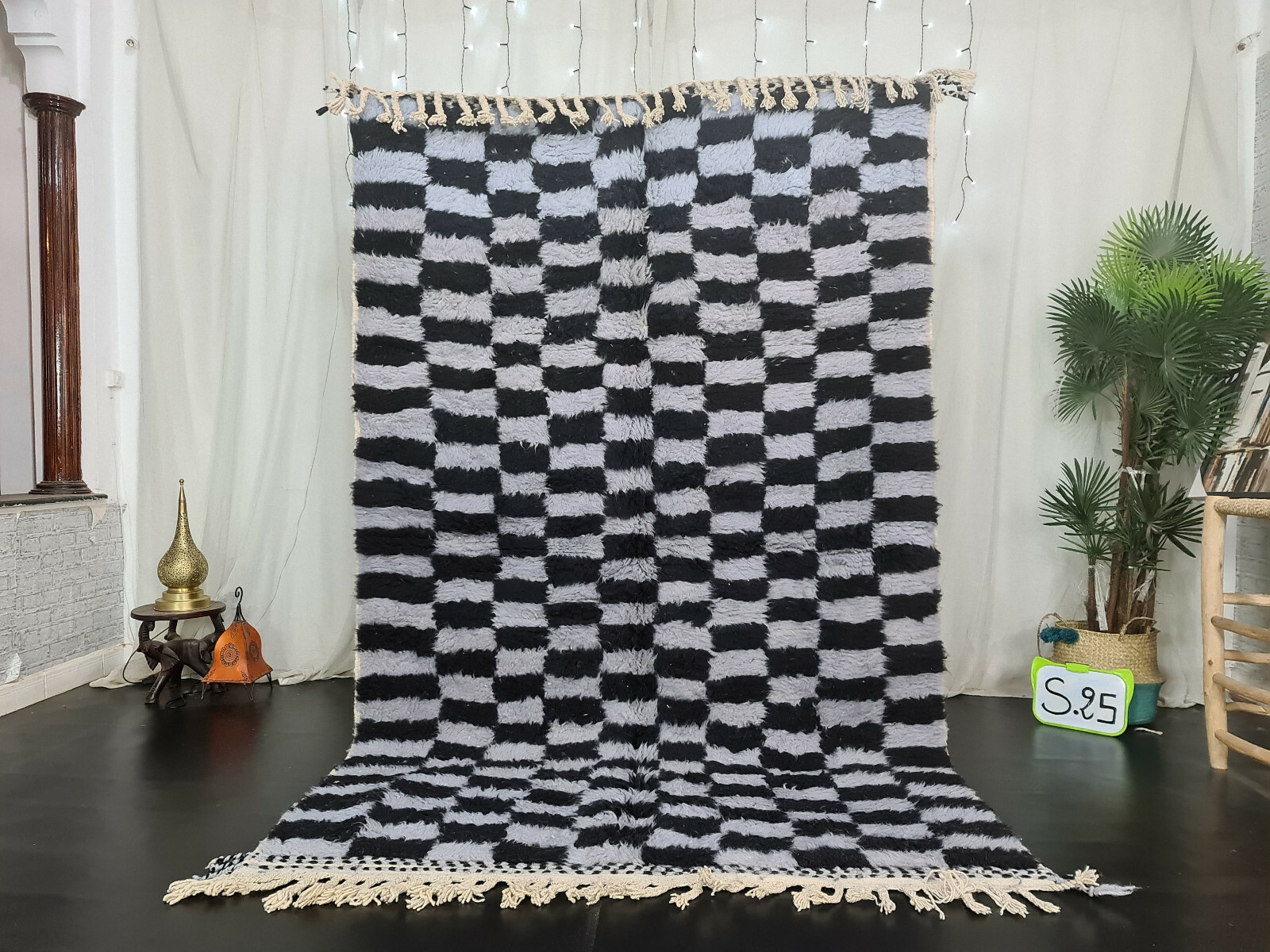 Handmade Moroccan Beni Ourain Rug 5’5″x8’1″ Checkered Black Gray Berber Carpet