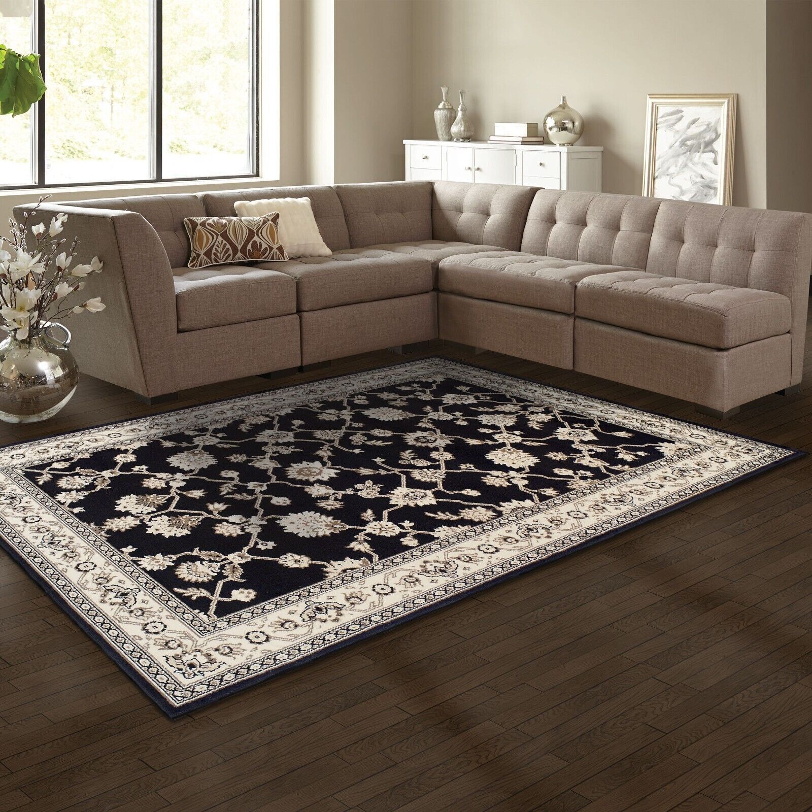 Kingfield Traditional Floral Border Jute Backing Colorfast Classic Area Rug