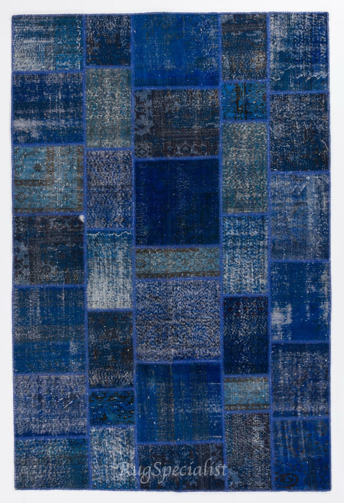 Blue Color Handmade Patchwork Rug Made from Over-Dyed Vintage Carpets