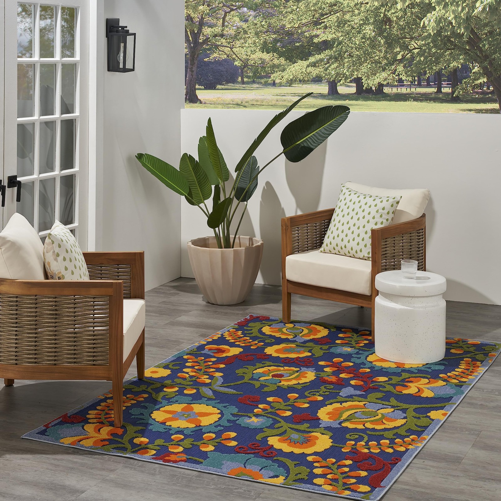 Navy Multicolor Floral Outdoor Rug 3X5 Soft Textured Durable Easy To Clean