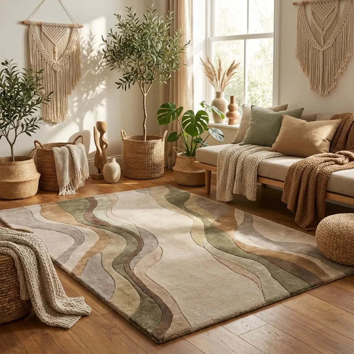 Modern Hand Tufted Wool Area Rug Neutral Abstract Beige Green Living Room Carpet