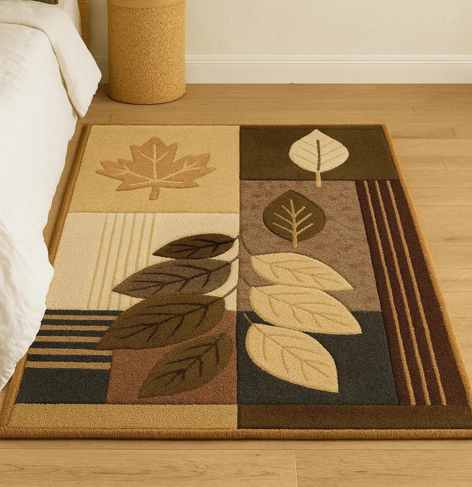 Hand-Tufted Autumn Leaf Area Rug – Beige, Brown & Burgundy Block Pattern Carpet