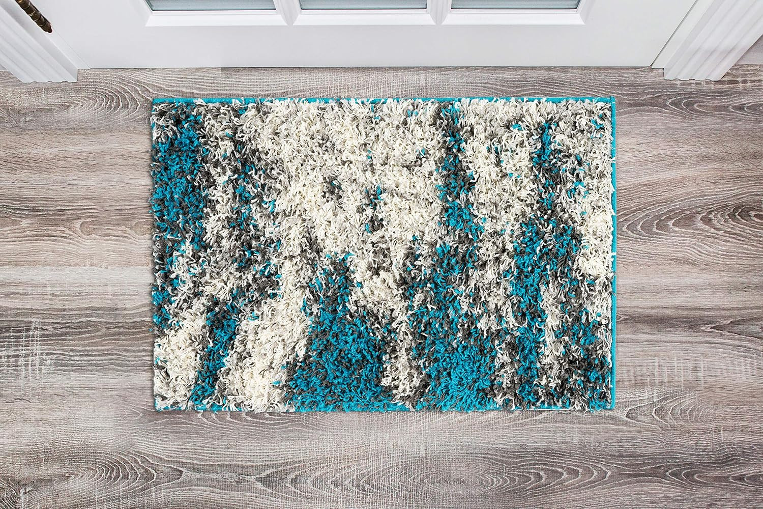 Turquoise Contemporary Abstract Design Plush Shag Area Rug — Non-Shedding Soft f