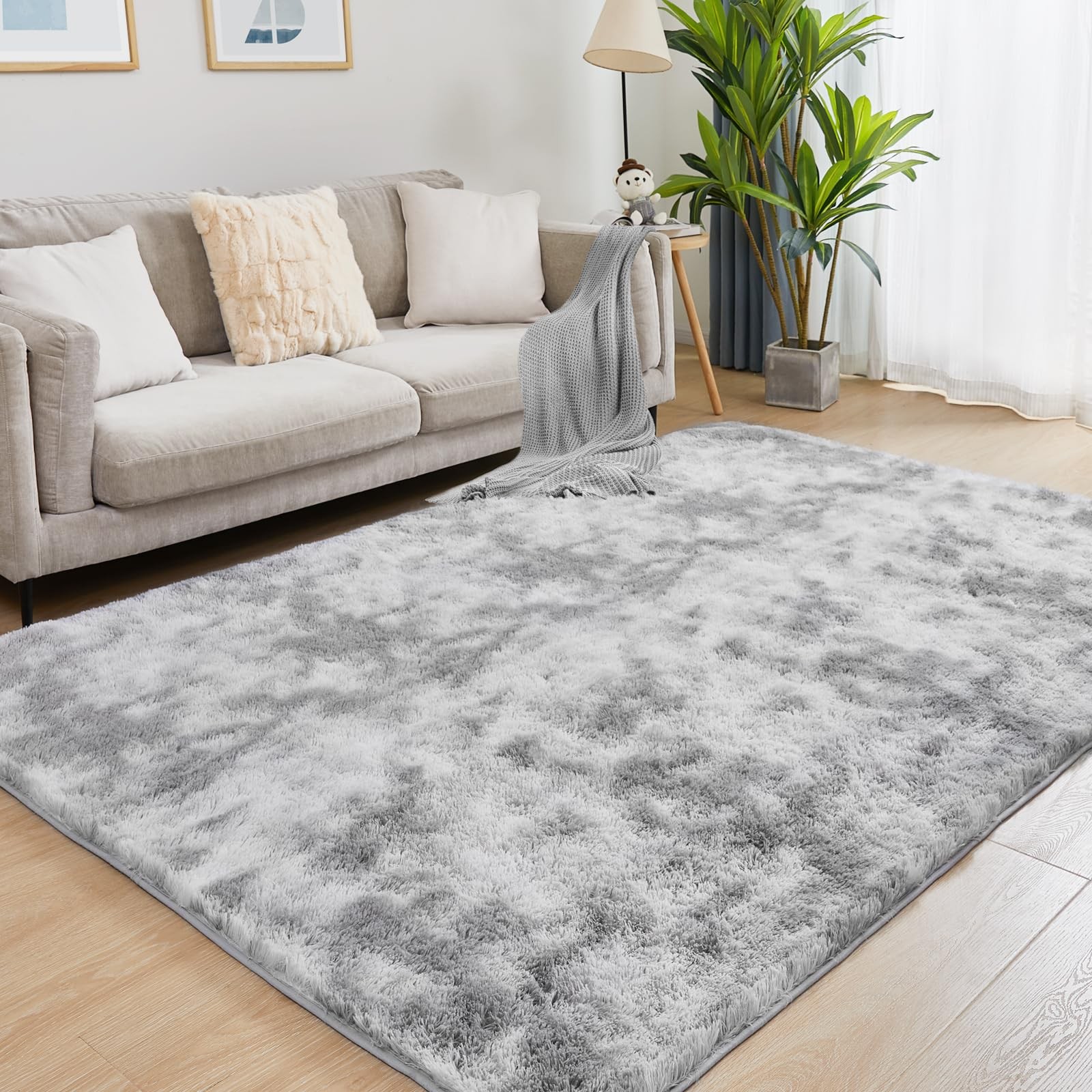 Ultra Soft Area Rugs for Living Room, 5×7 Tie-Dyed Light Grey Fluffy Plush Ru…
