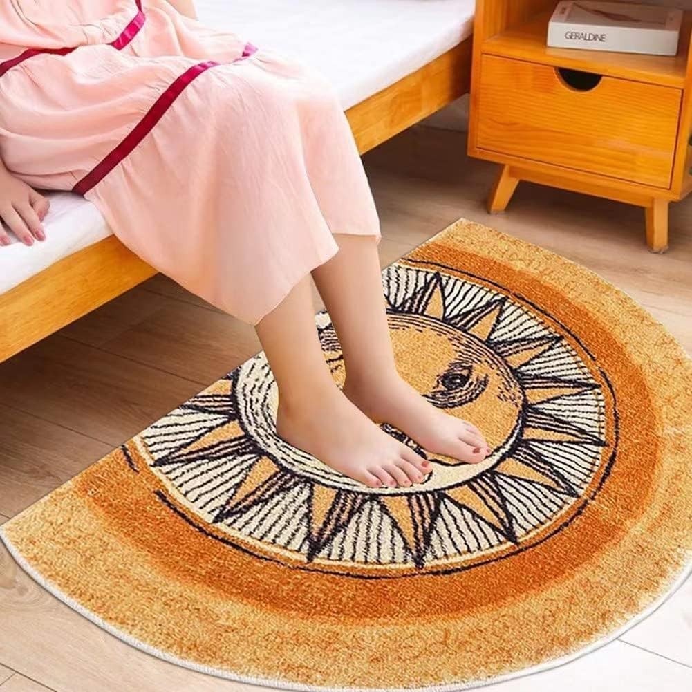 Semi-Circular Area Rugs 31.5×47.3 inch Sun and Moon mat,Yellow Boho Rug,Non-Slip