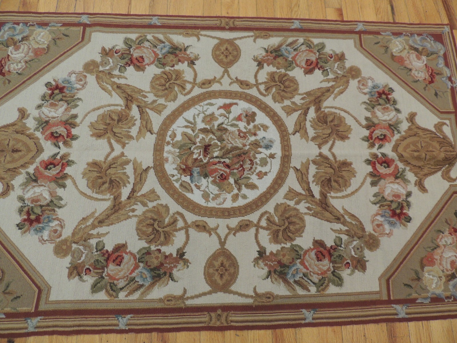 3×5 French Aubusson Needlepoint Area Rug Floral Beige Gold Blue Rust wool