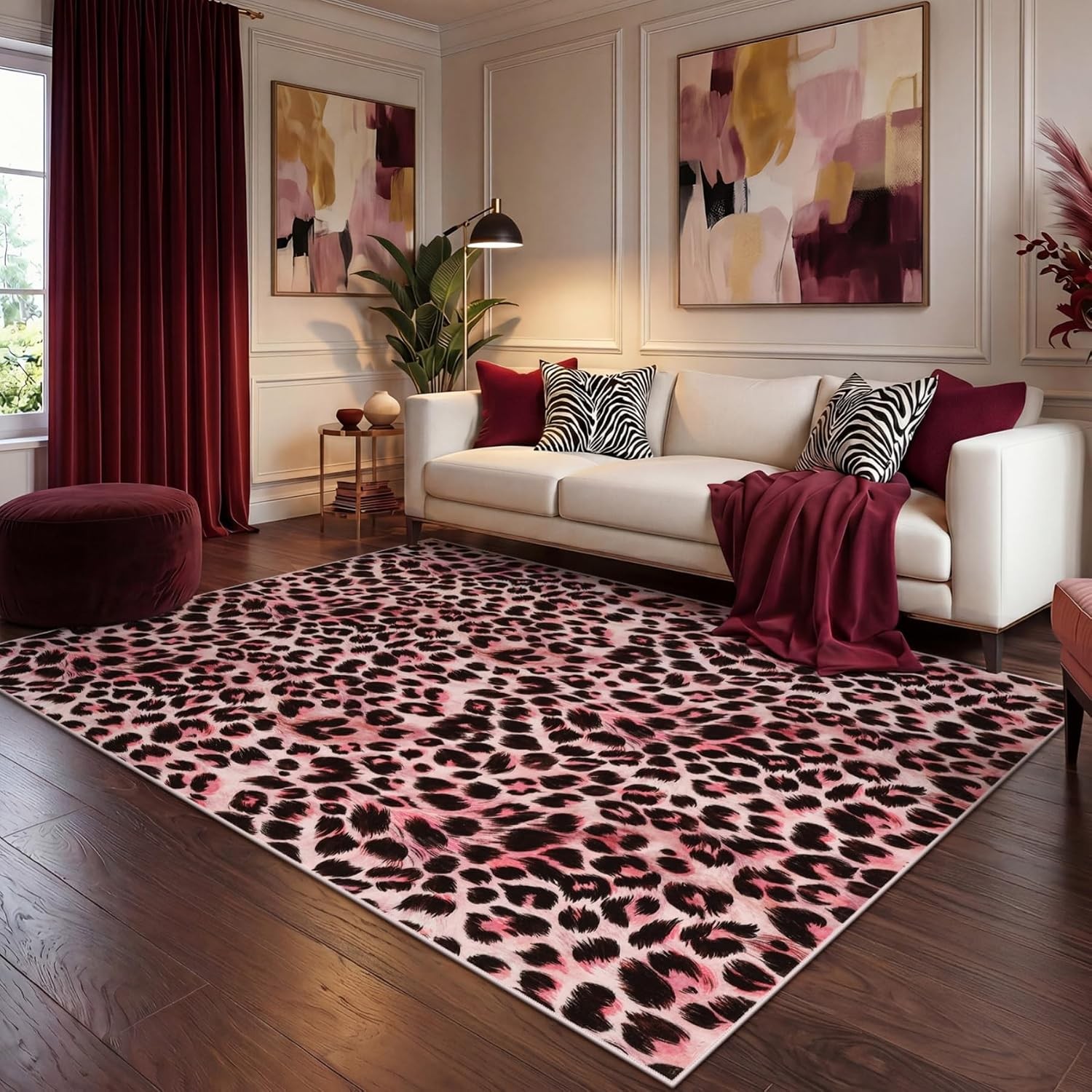 5×7 Pink Leopard Cheetah Print Washable Living Room Area Rug