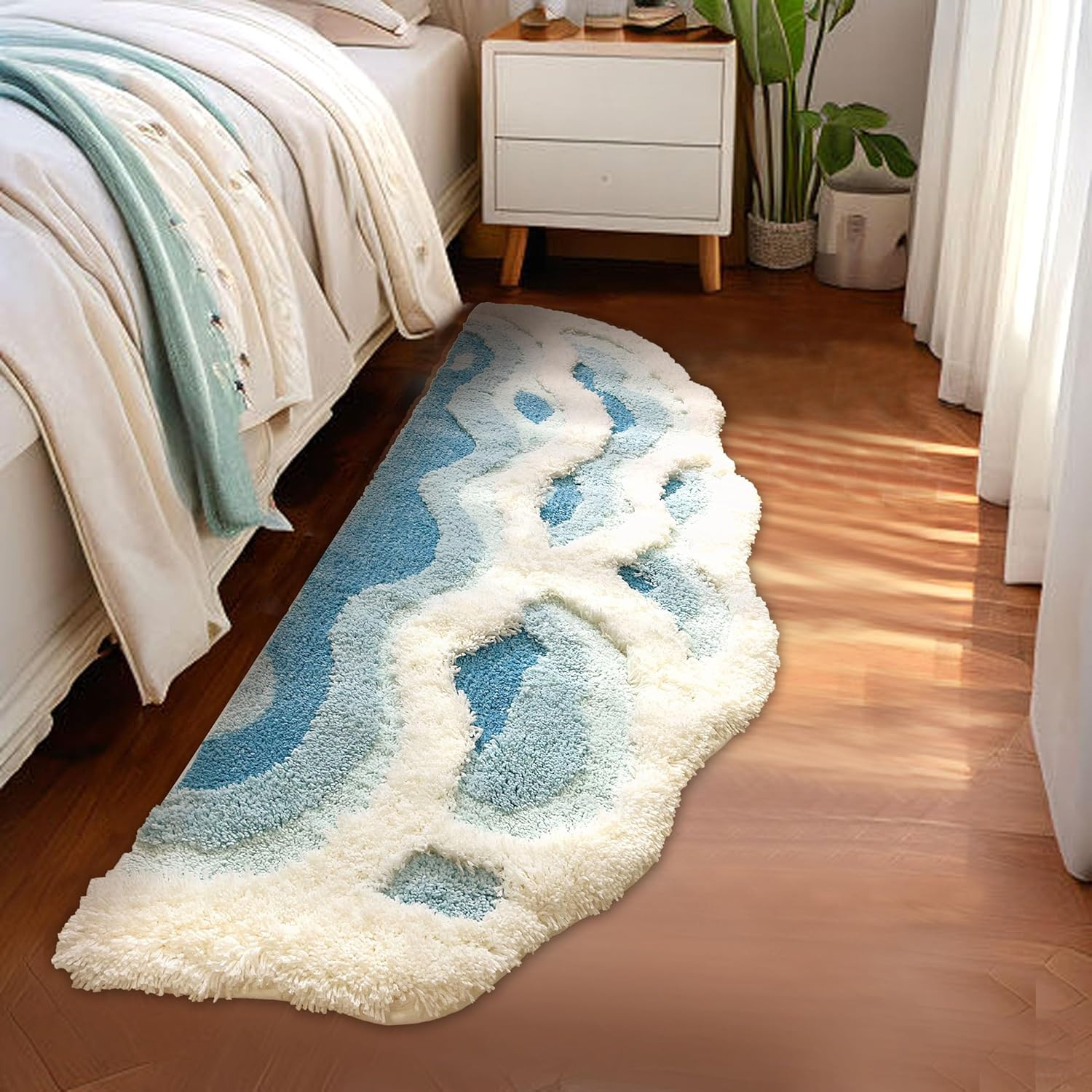 Soft Shag 3D Stereo Wave Moss Bedside Rug 20″×36″ Cute Navy Blue Runner Rug Non