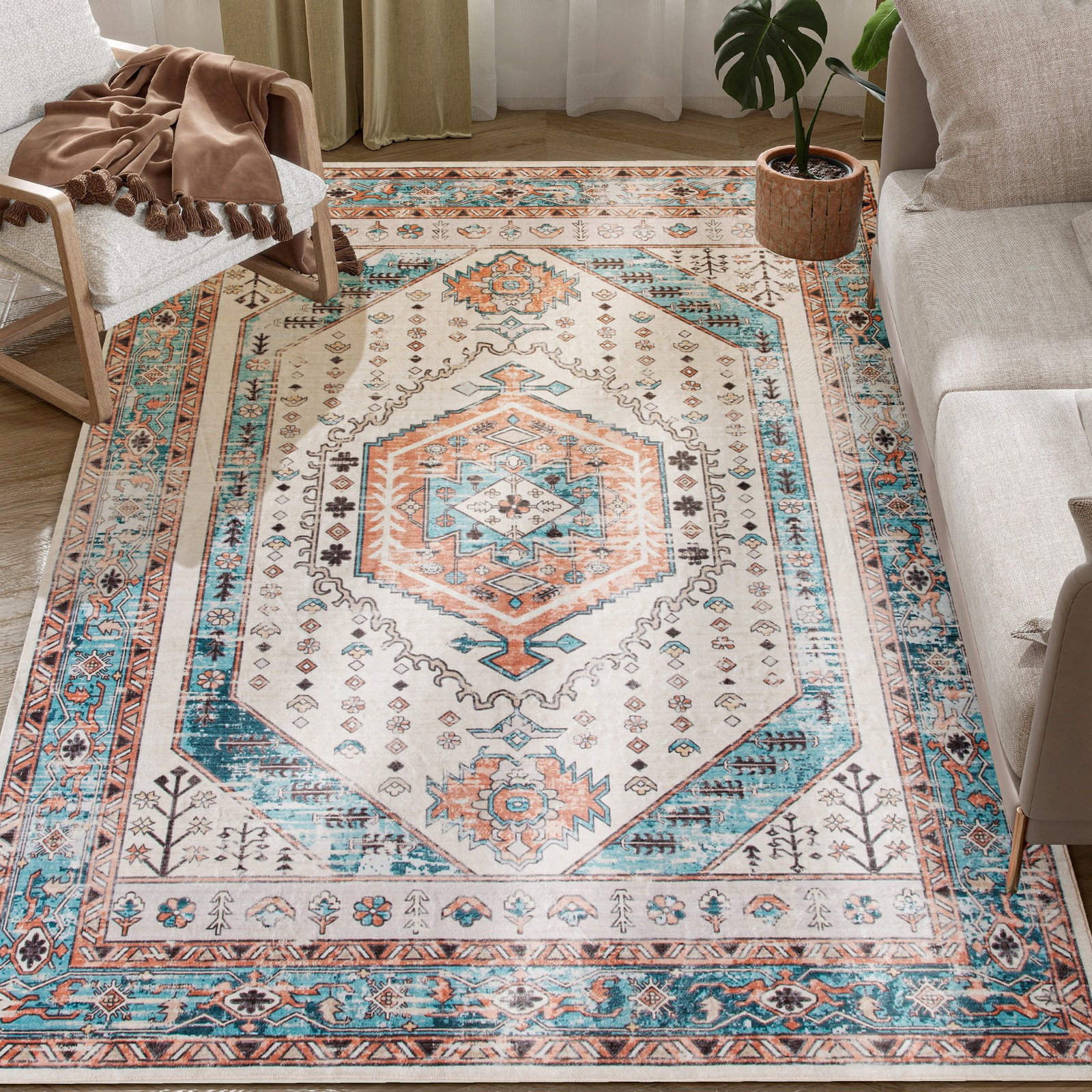 HOMCOM 5×7 Area Rug, Vintage Machine Washable Rug for Bedroom, Brown Blue