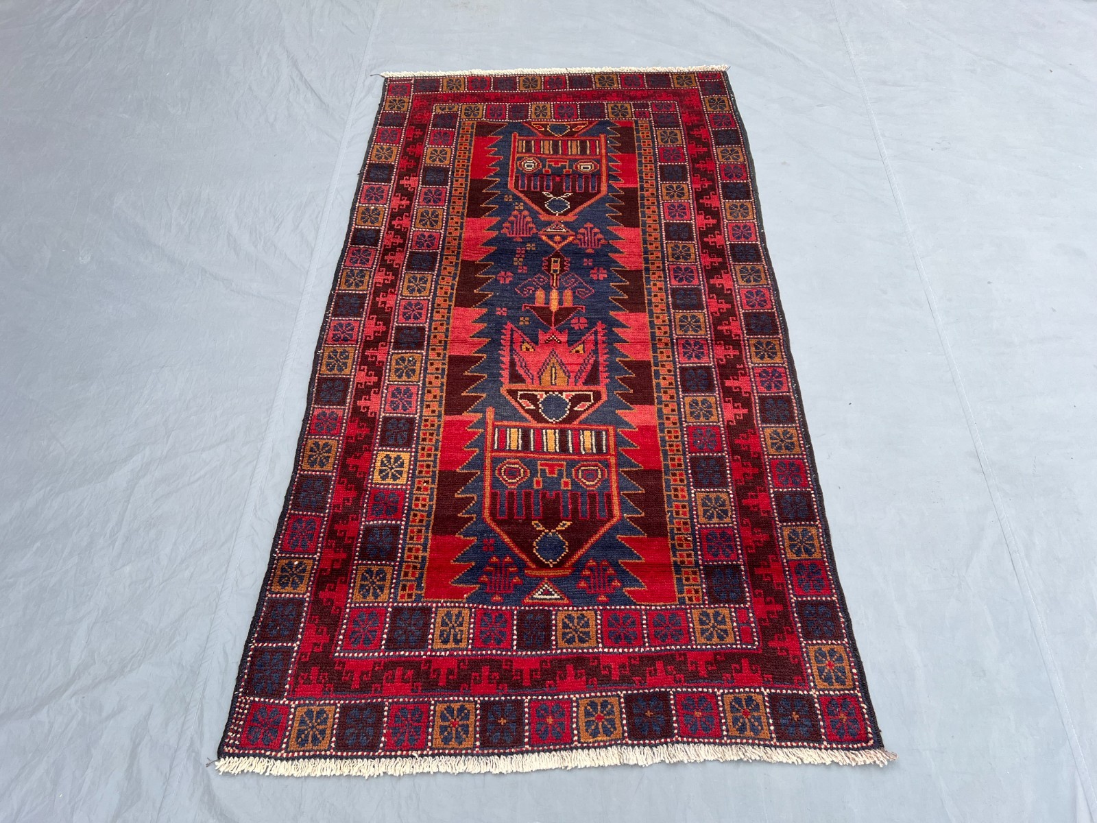 3’6 x 6’4 Ft Rare Afghan Baluchi Pictorial Rug-Tribal House Motif Deep Red Blue