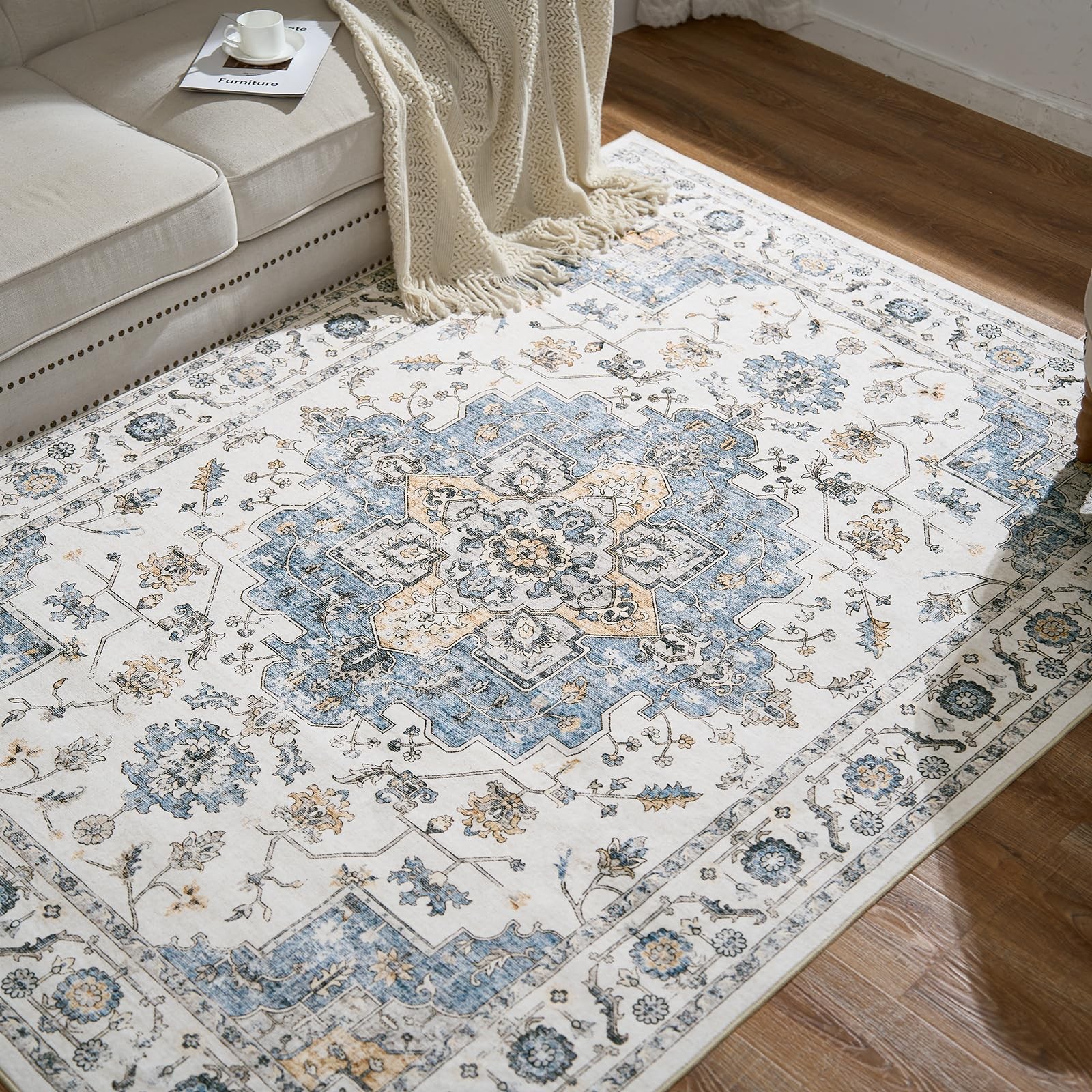Jinchan Area Rug 5X7 Vintage Washable Bedroom Rug Floral Medallion Lightweight