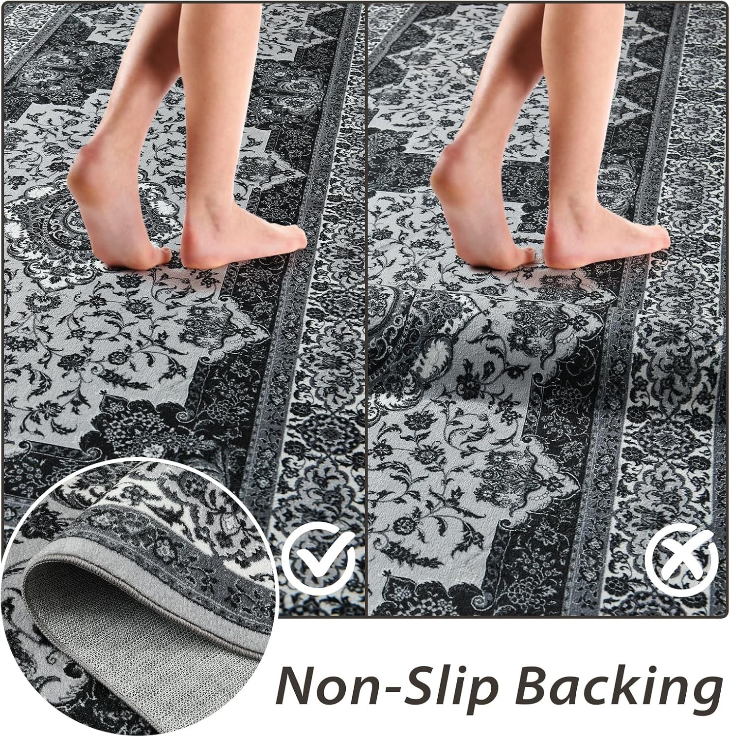 Runner Rug for Bedroom, 2x6Ft Machine Washable Area Rugs, Vintage Non-Slip Low P