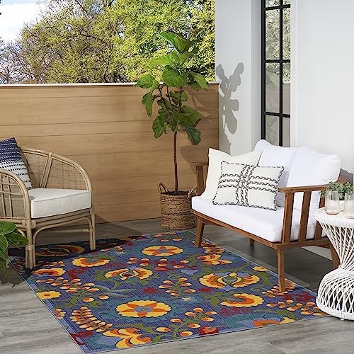 Navy Multicolor Floral Outdoor Rug 3X5 Soft Textured Durable Easy To Clean