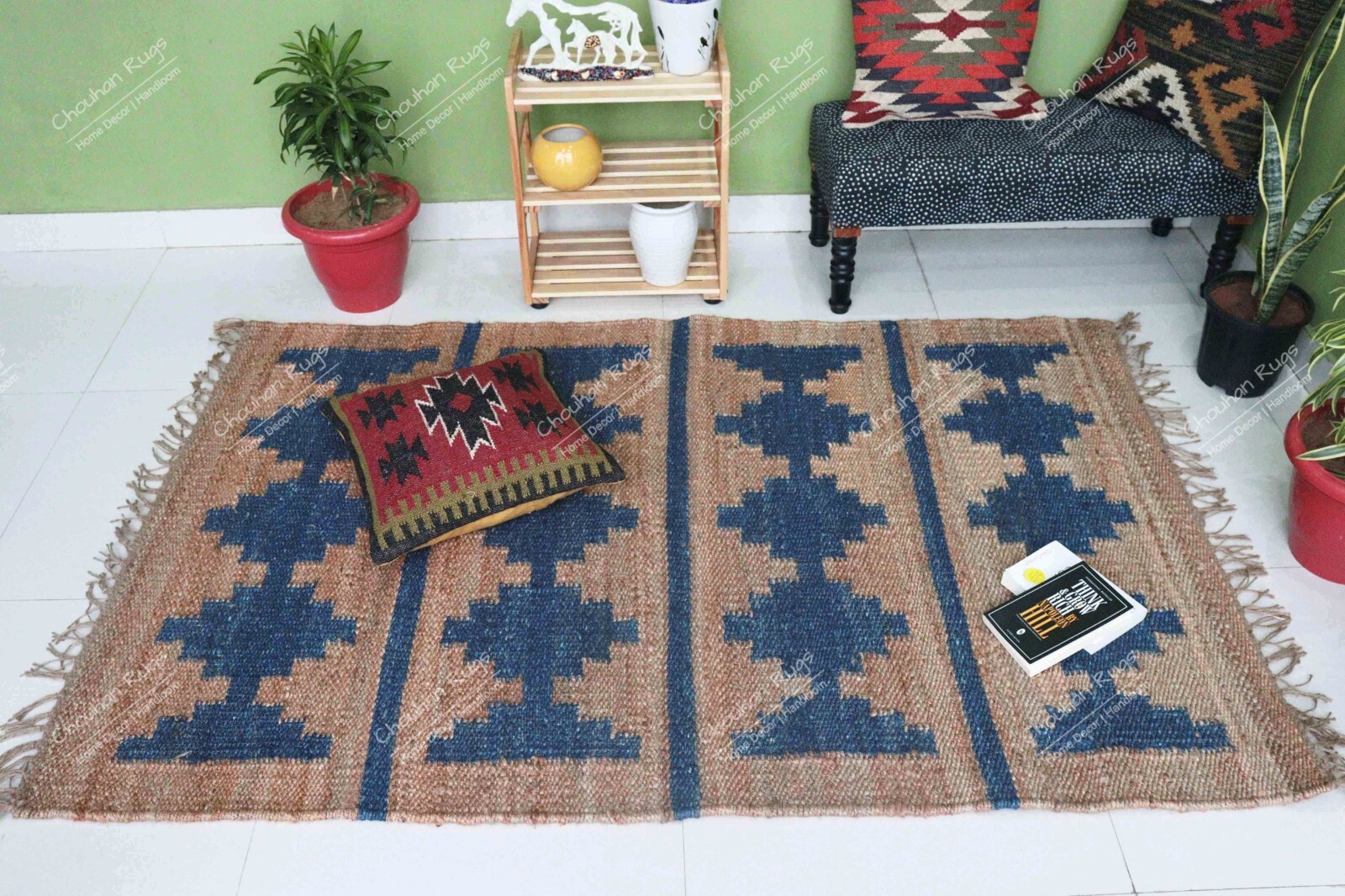 Handwoven Beige Hemp Jute Rug & Blue Design Rug With Fringes Jute Rug Decor Room
