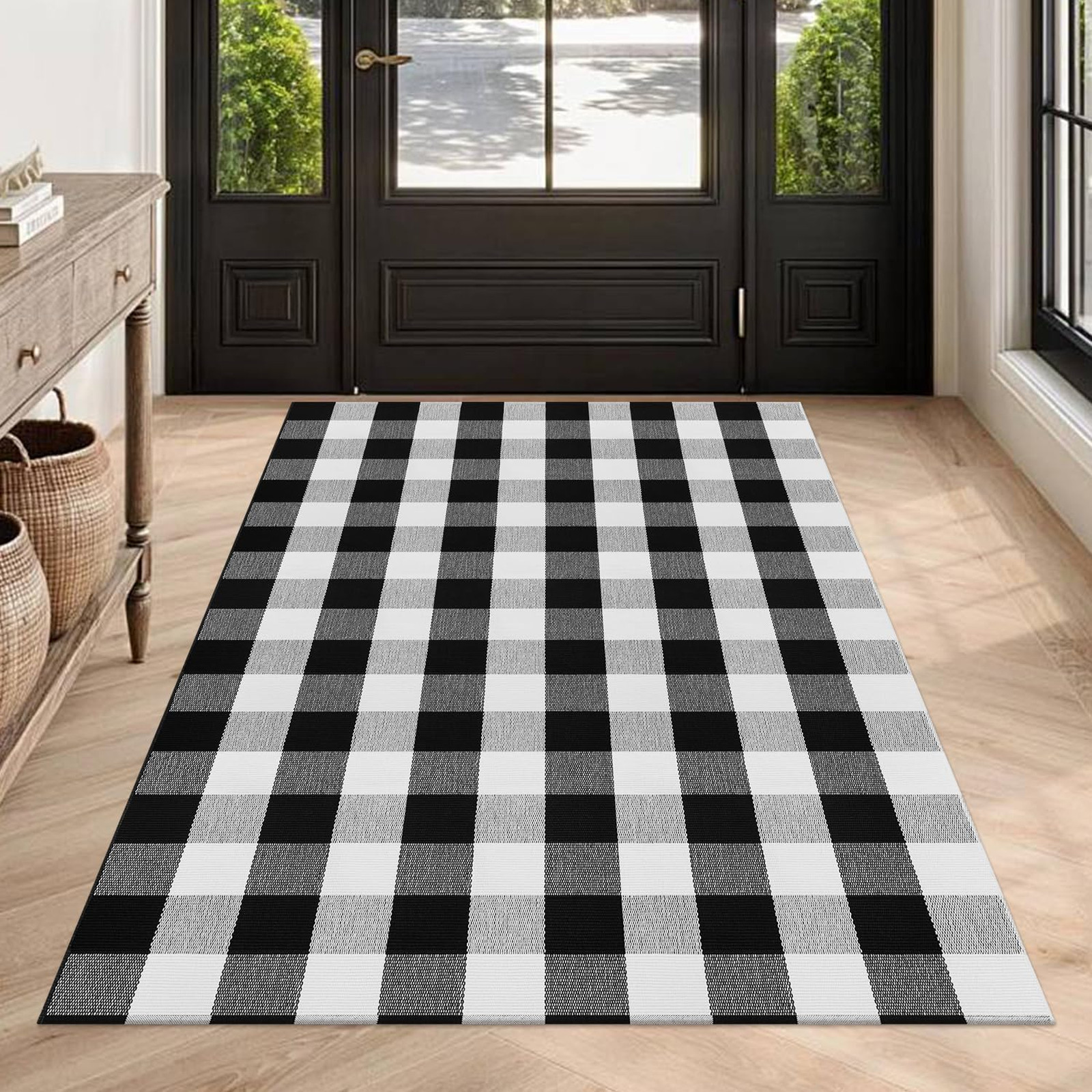 Buffalo Check Outdoor Rug 4×6 Ft Cotton Woven Runner Black and White Porch Rug