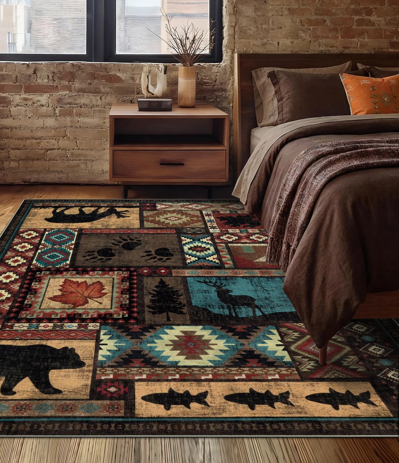 Rustic Cabin Area Rug 5×7,Machine Washable Lodge Bear Rug,Non-Slip Low Pile P…