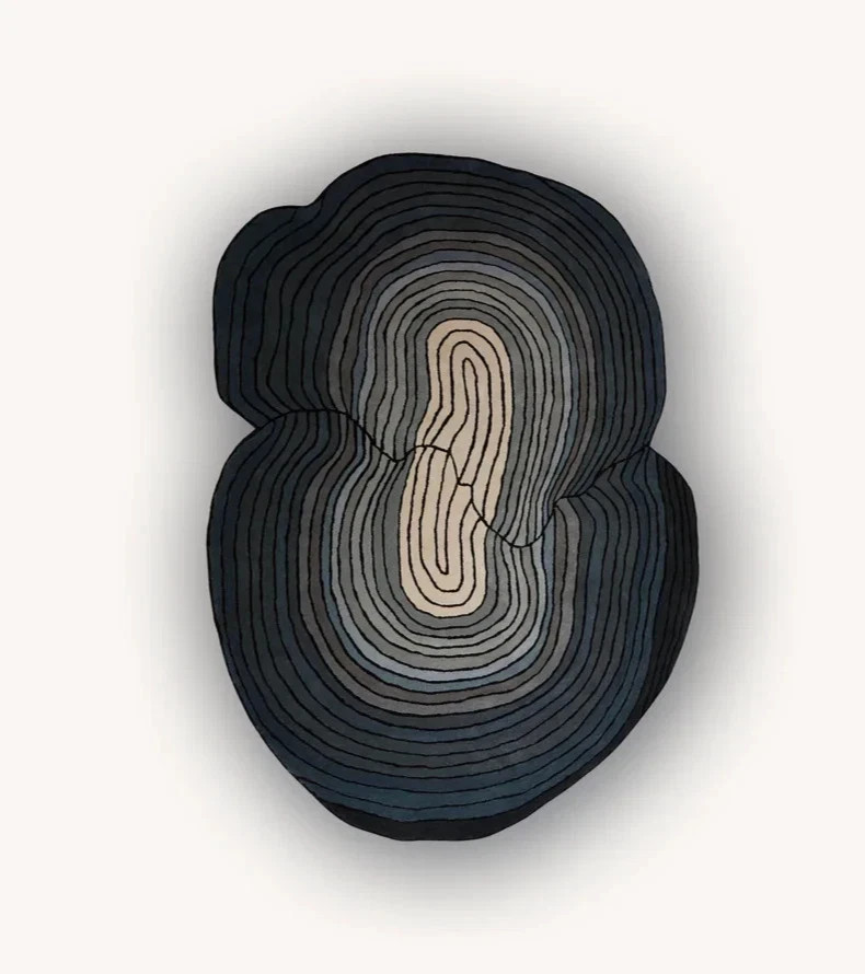 Hand Tufted Wool Rug – Abstract Concentric Ripple Design -Dark Teal Blue & Ivory