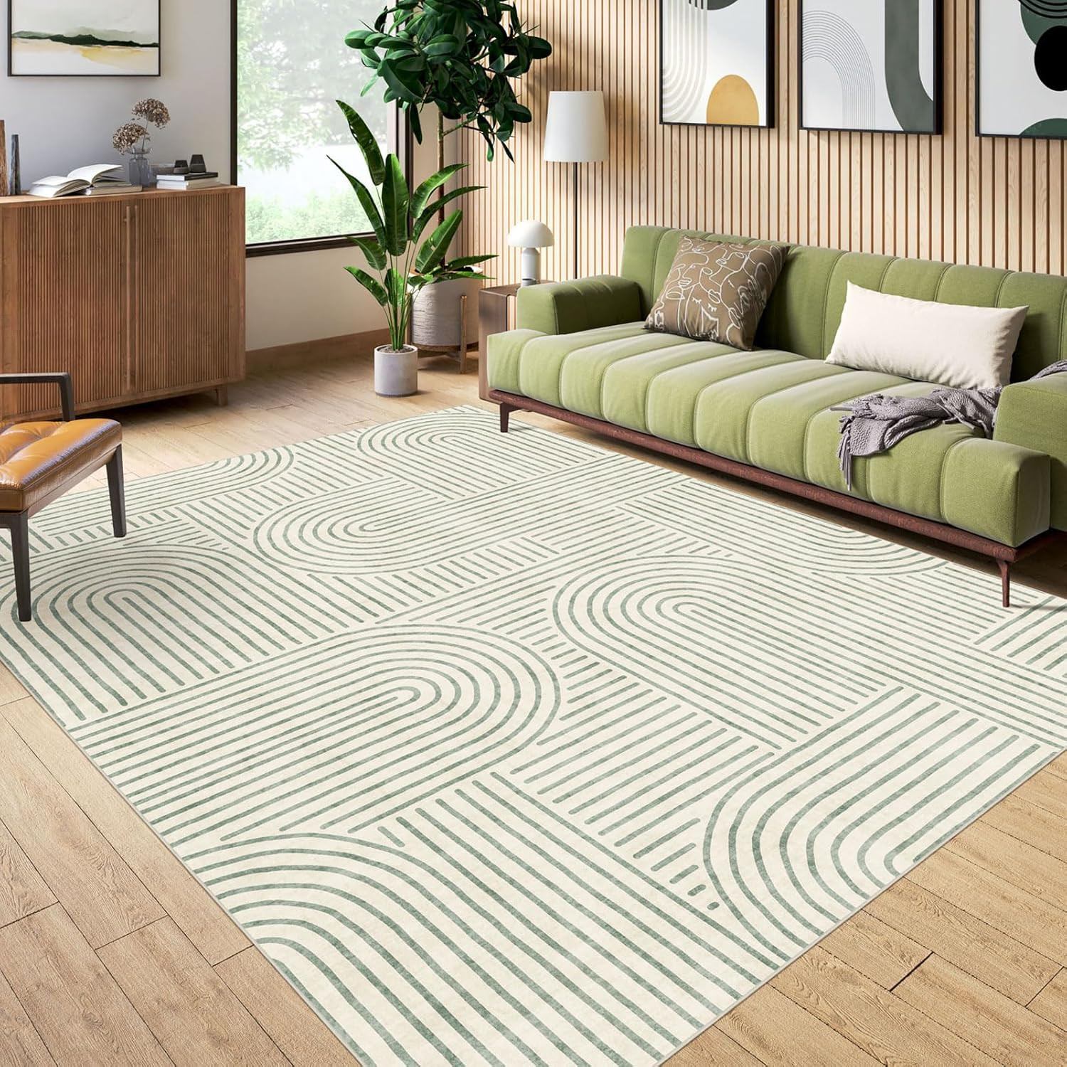 Sage Green Washable Area Rug 8×10 – Soft Modern Boho Carpet for Home Decor