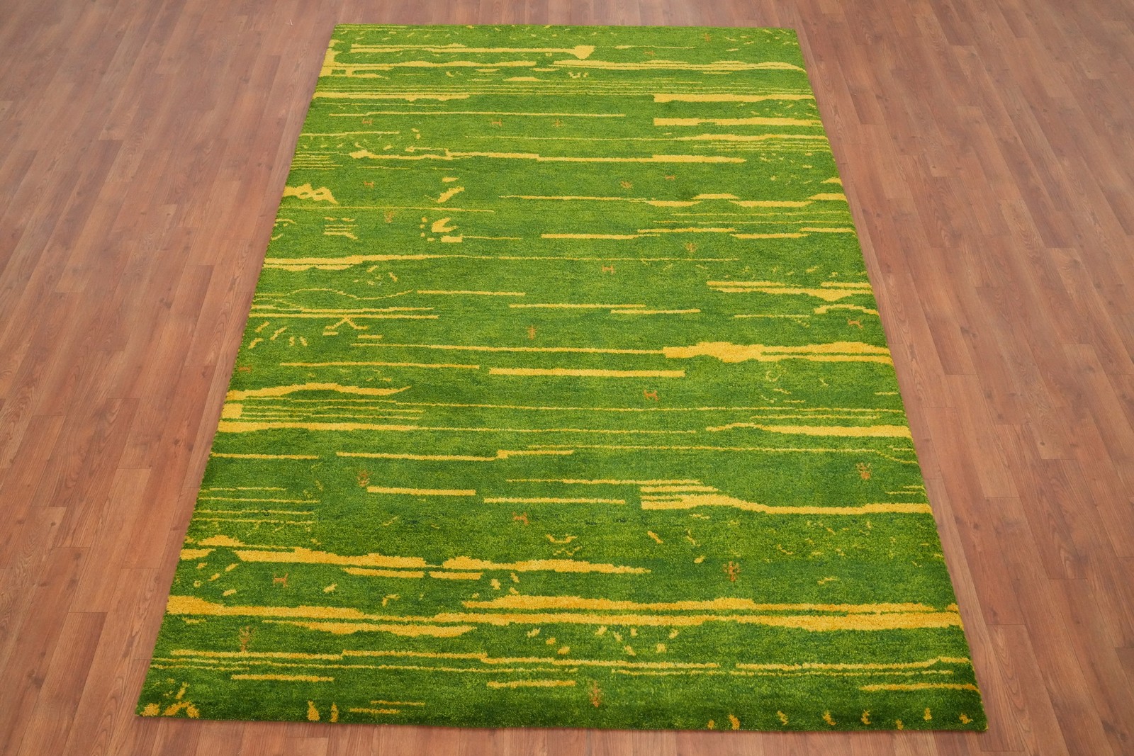 Green/ Gold Area Rug 5×8 Handmade Wool Contemporary Lines Design