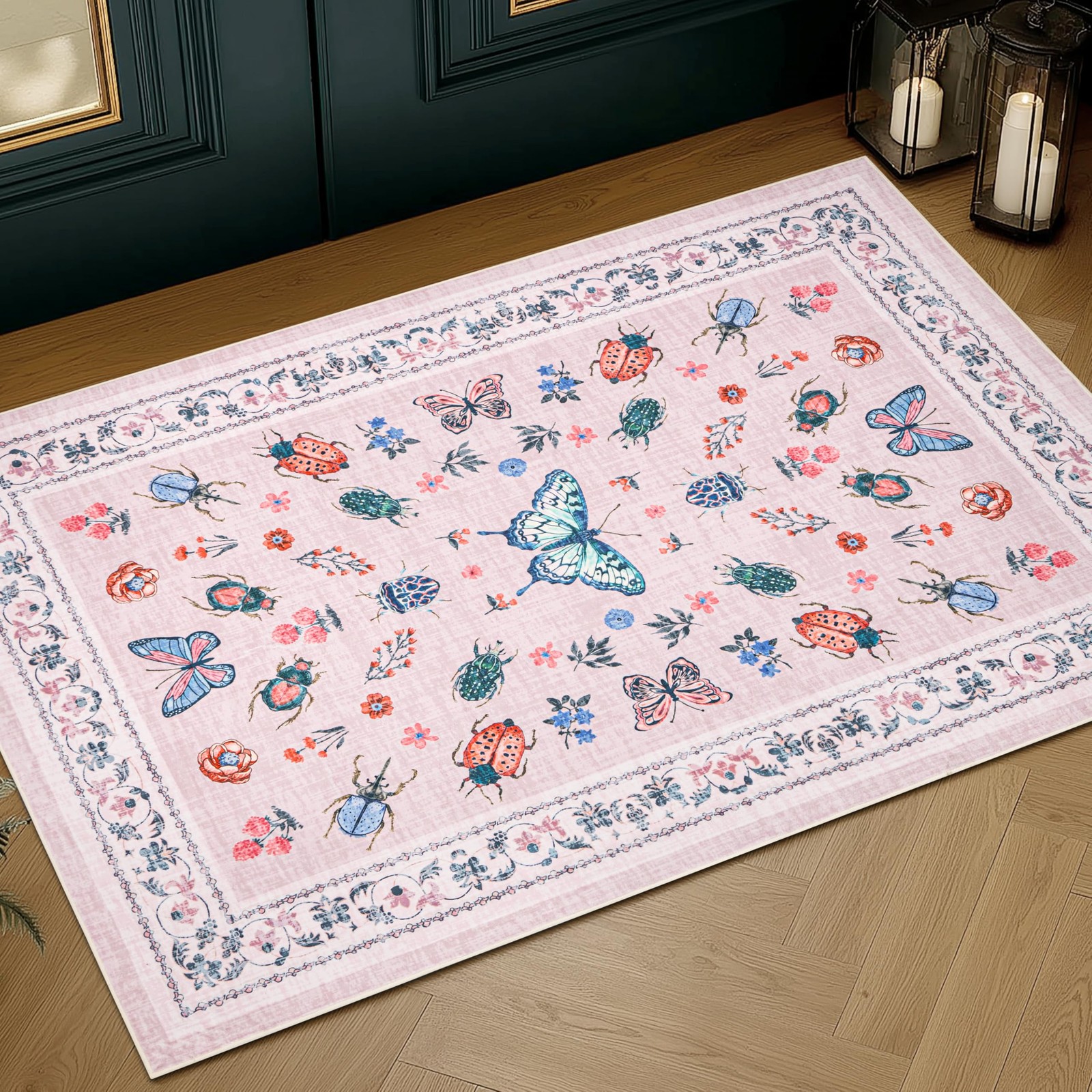 Small Pink Entryway Rug 2×3 Front Door Rug Indoor Entrance, Insect Butterfly …