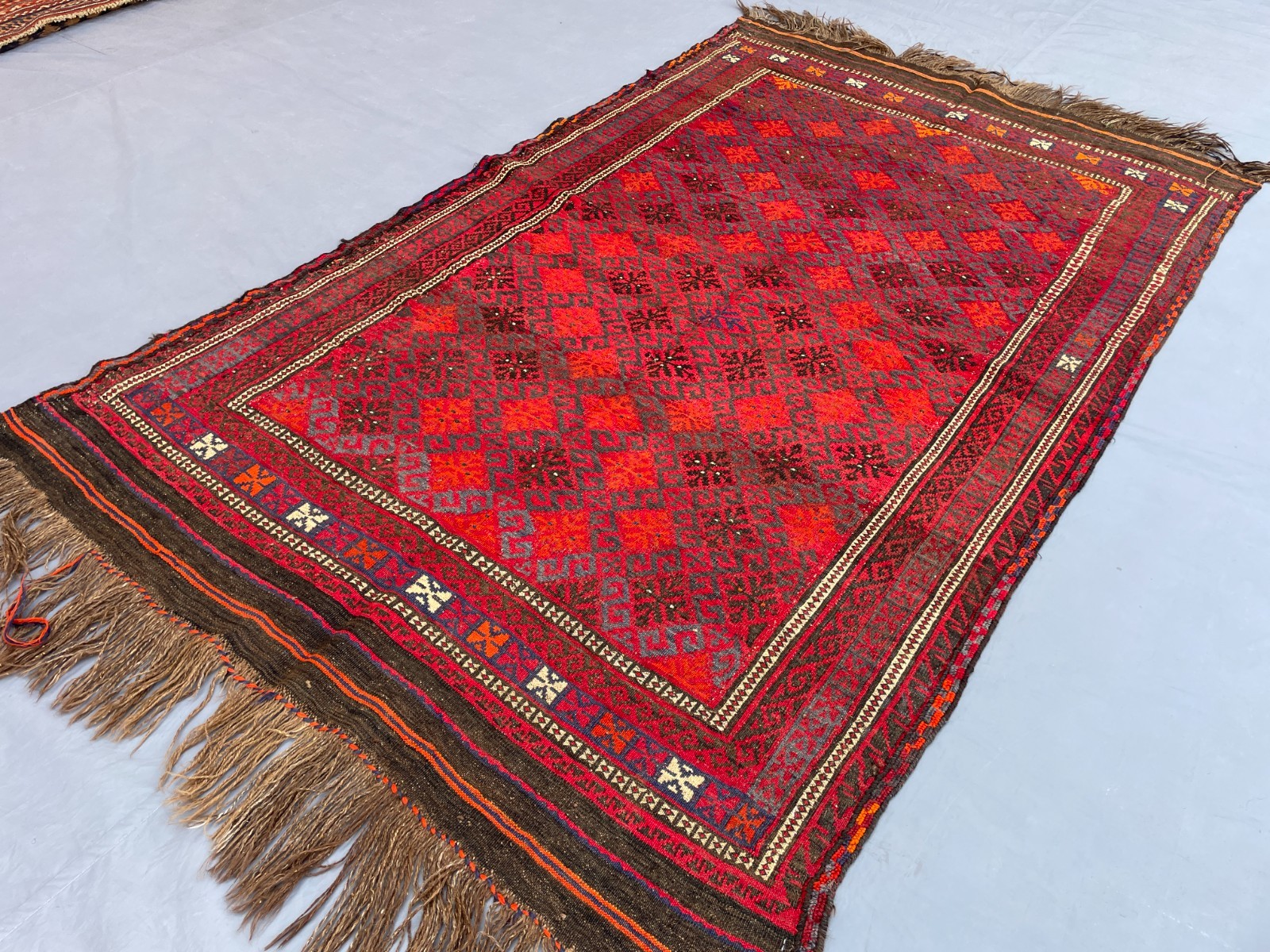 4×7 Handmade Red Kilim Rug Wool Flatweave Tribal Geometric Oriental Carpet.