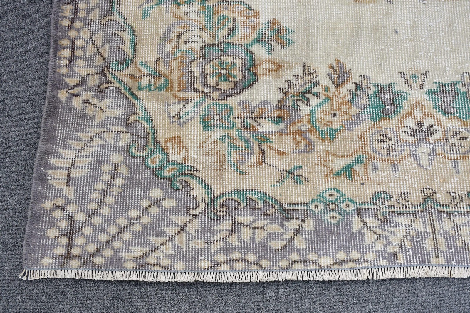 Turkish Vintage Area Rug 4,4×7 ft, Gray Blue Handmade Wool Rug