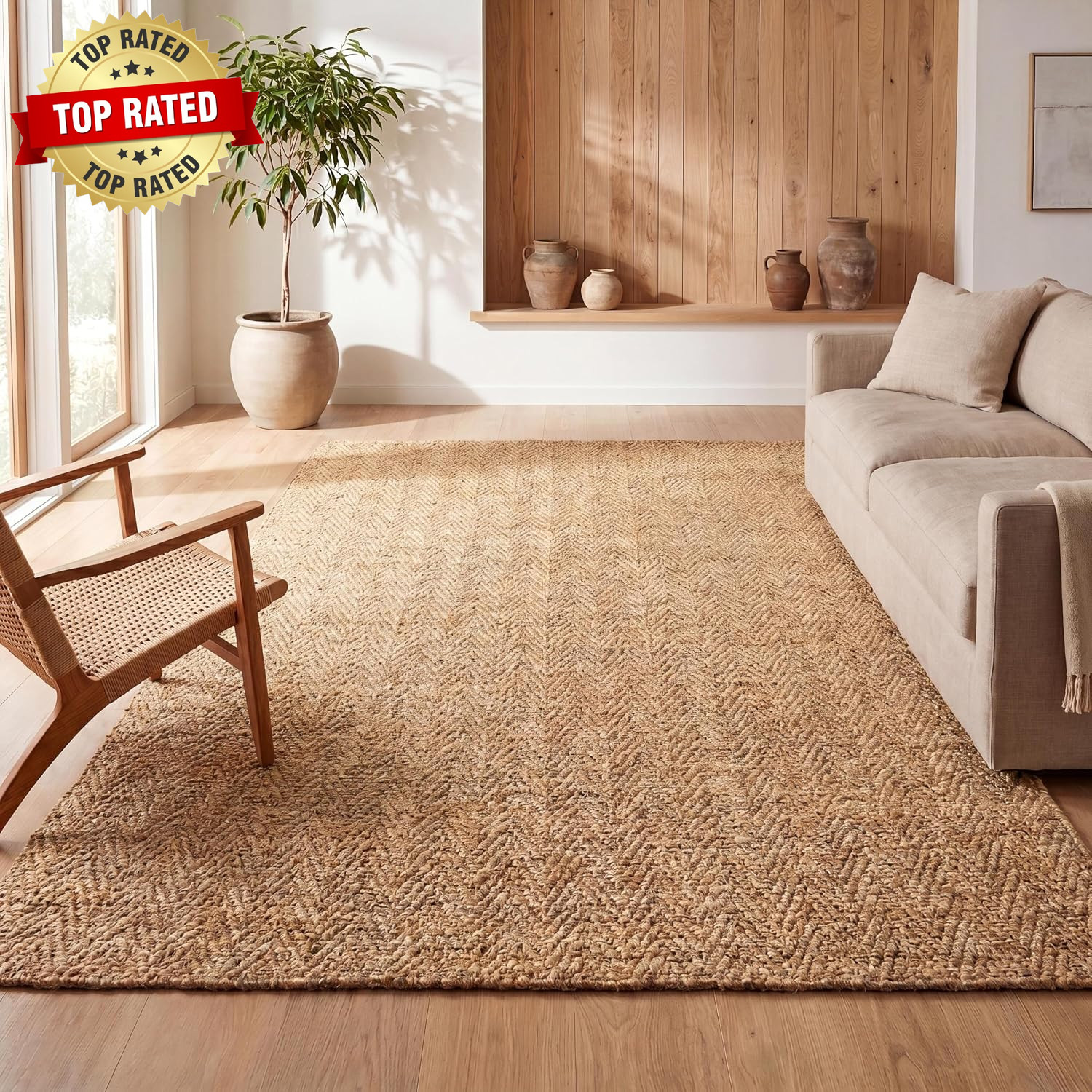 Espina Hand Woven Herringbone Chunky Jute Natural Indoor Area Rug, 5X8, Bohemian