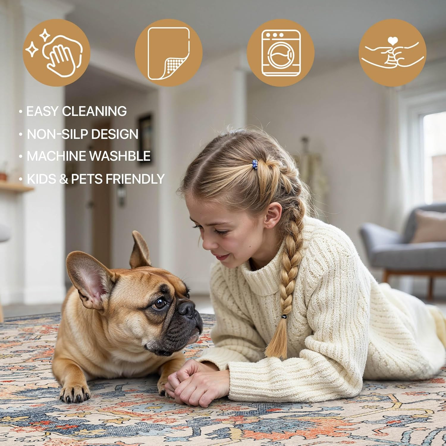 Boho 8×10 Washable Area Rug, Non-Slip Chenille for Living Room & Bedroom