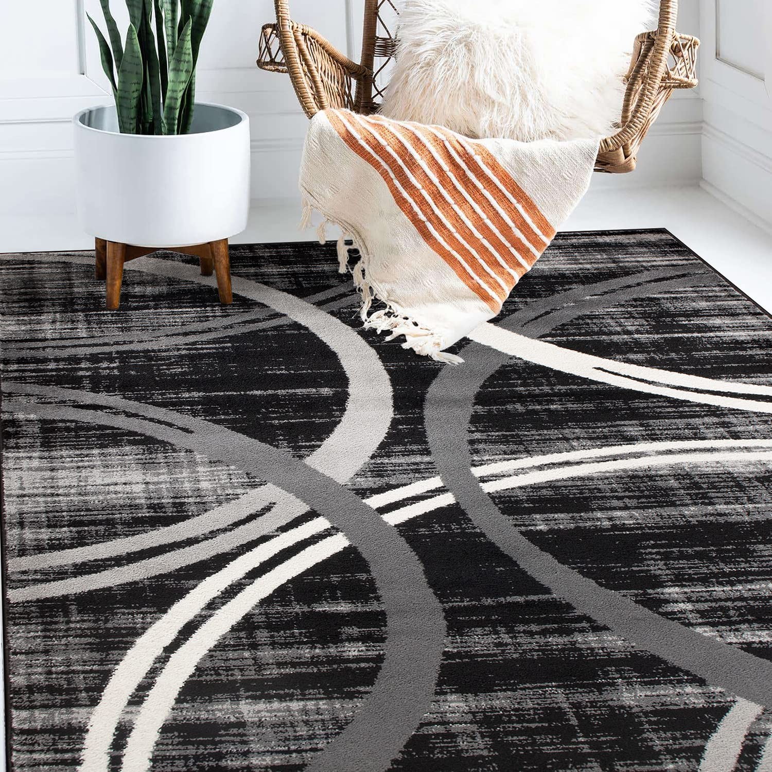 Rugshop Modern Wavy Circles Design Area Rug 7’10 X 10’2 Black Kitchen