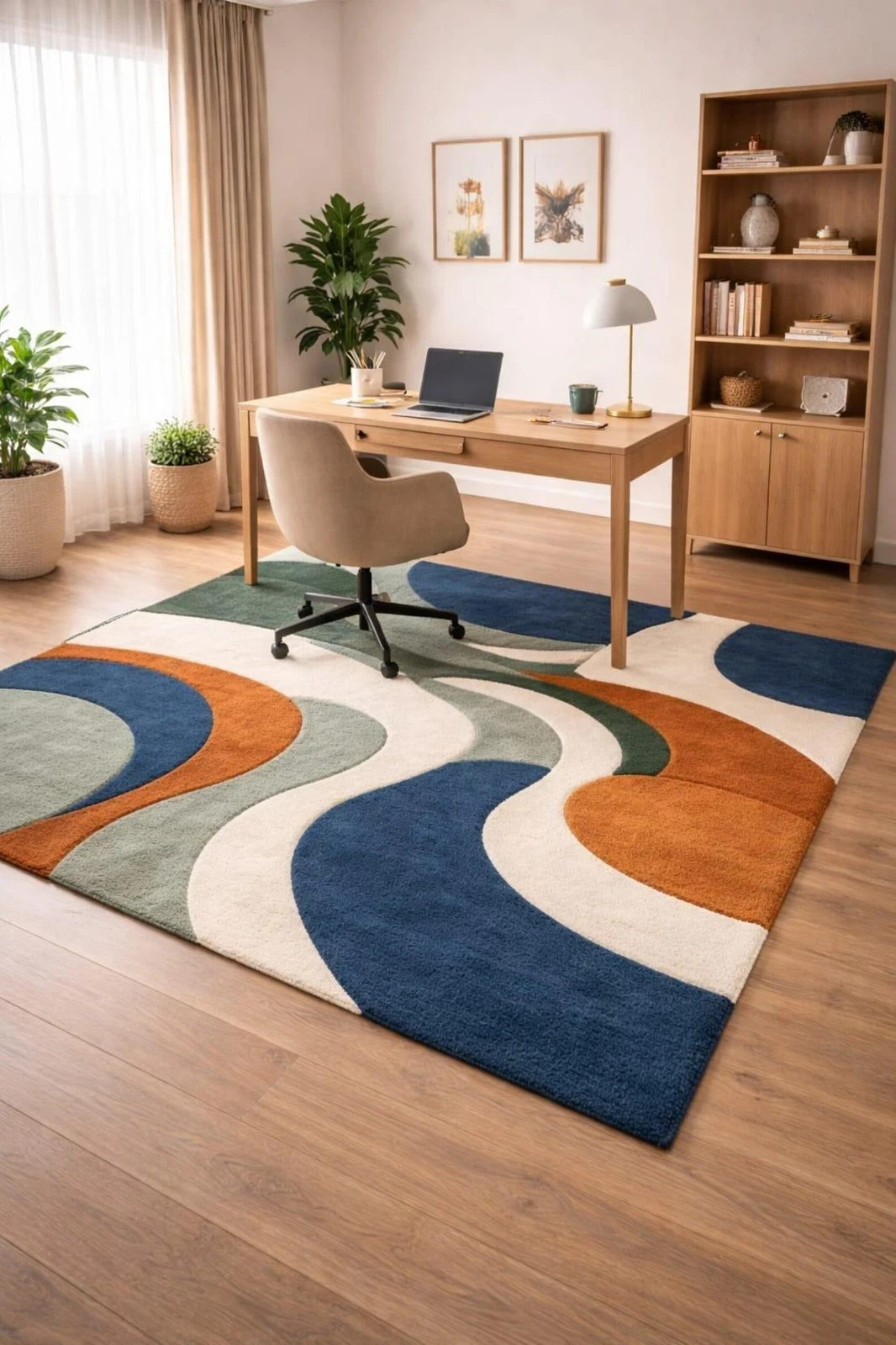 Hand Tufted wool Rug, Modern Colorful Area Rug Geometric Wavy Living Room Carpet