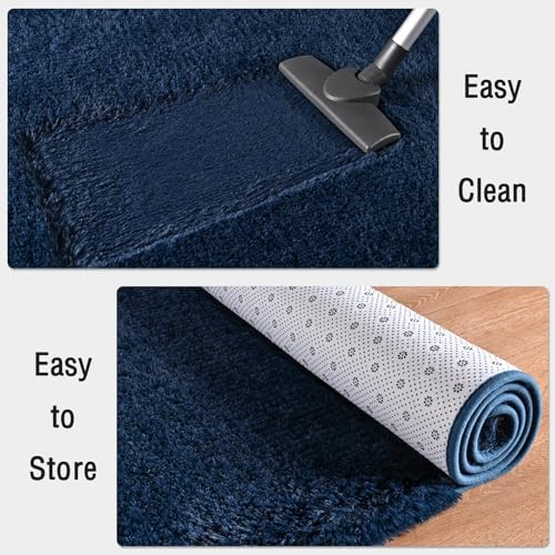 Fluffy Navy Blue Rugs for Bedroom, 4×6 Feet Dark Blue Area Rug for Living