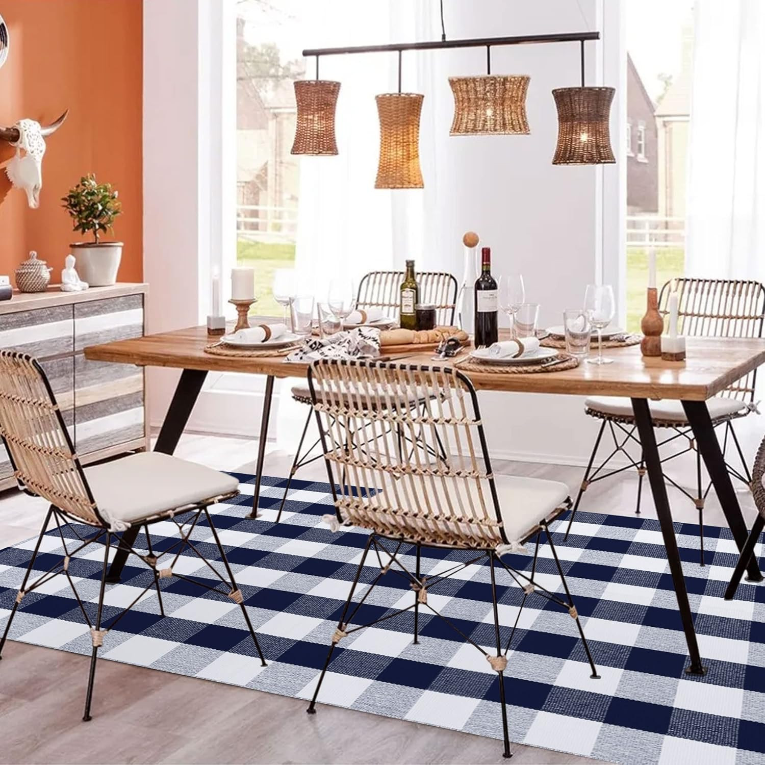 Navy Blue & White Hand Woven Buffalo Plaid Rug 4’X6′ – Washable Indoor/Outdoor
