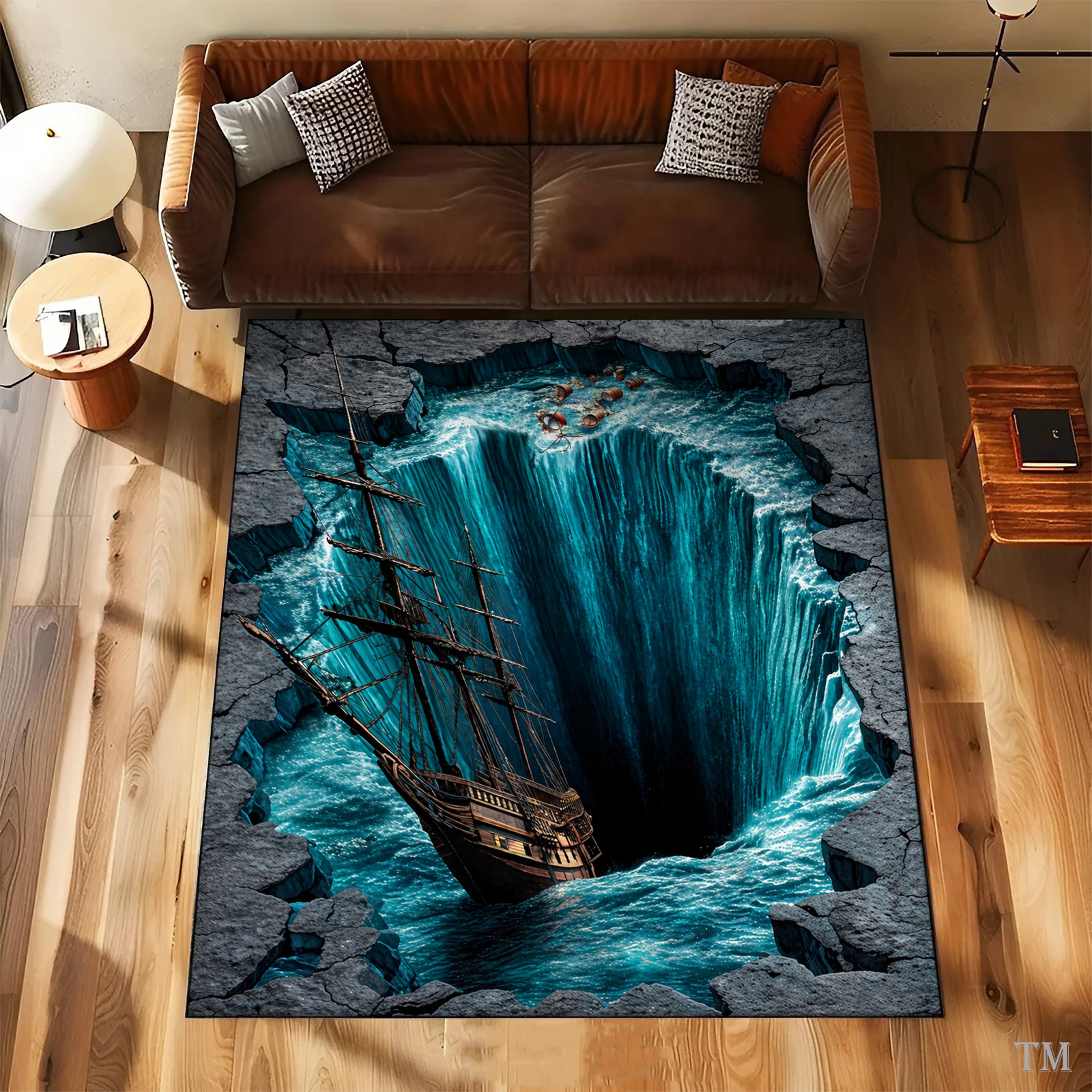 Pirate Ship Whirlpool Optical Illusion Area Rug, Ocean Abyss 3D Carpet, Nautical