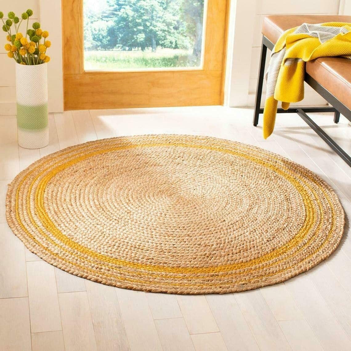 Round Rug Natural Jute Farmhouse Area Rug Hand Woven Rustic Look, Beige + Yellow