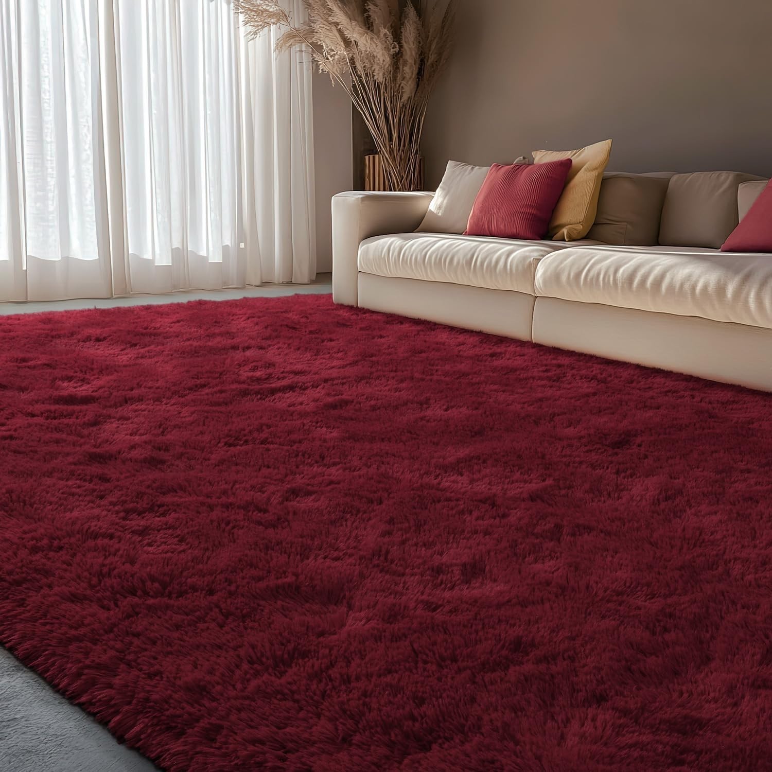 Fluffy Area Rugs Burgundy Soft Plush Shaggy Carpet for Living Room Bedroom Floor