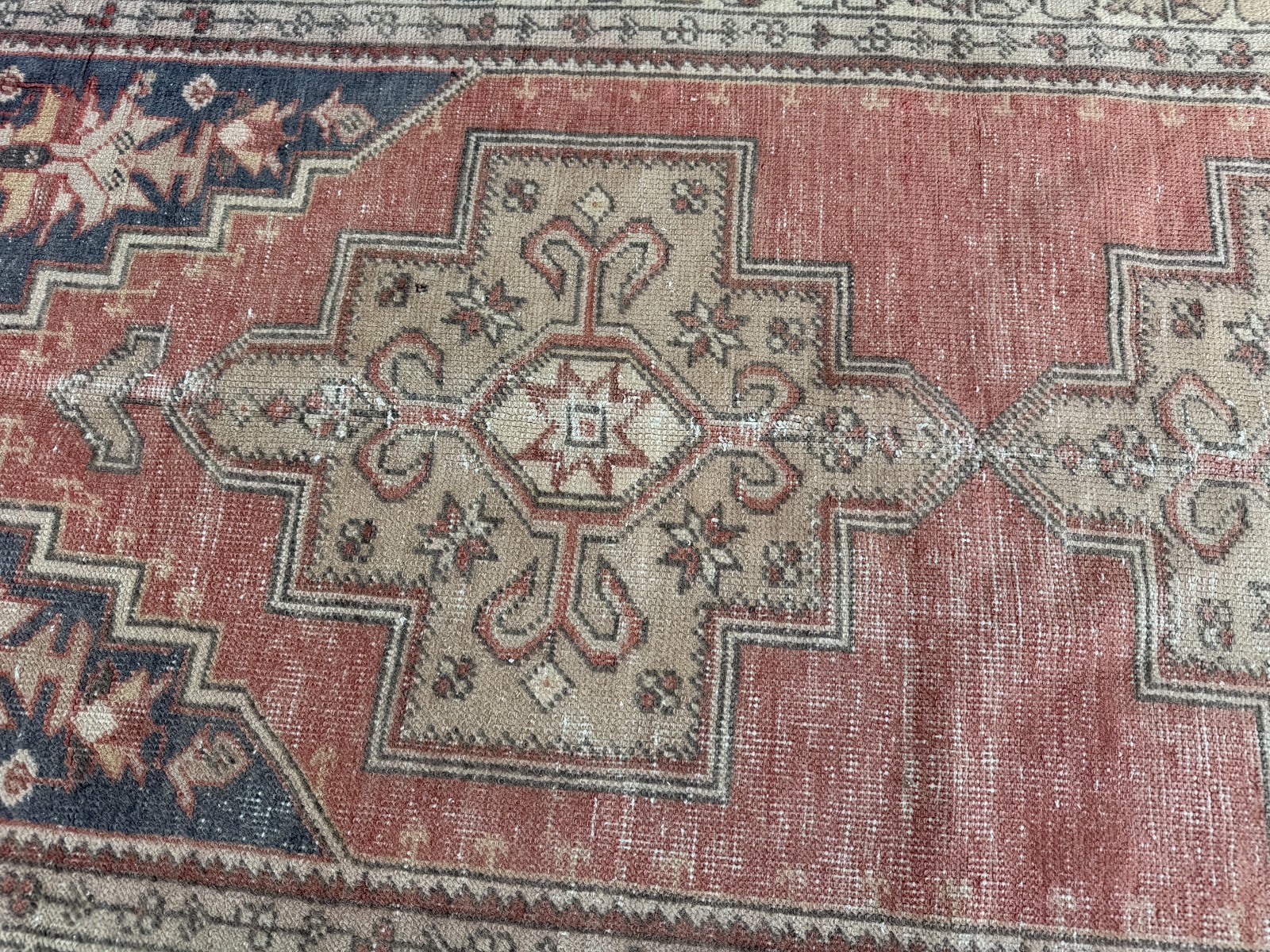 1970s Vintage Turkish Oushak Rug, Tribal Handmade Geometric Area Carpet 4×8 ft