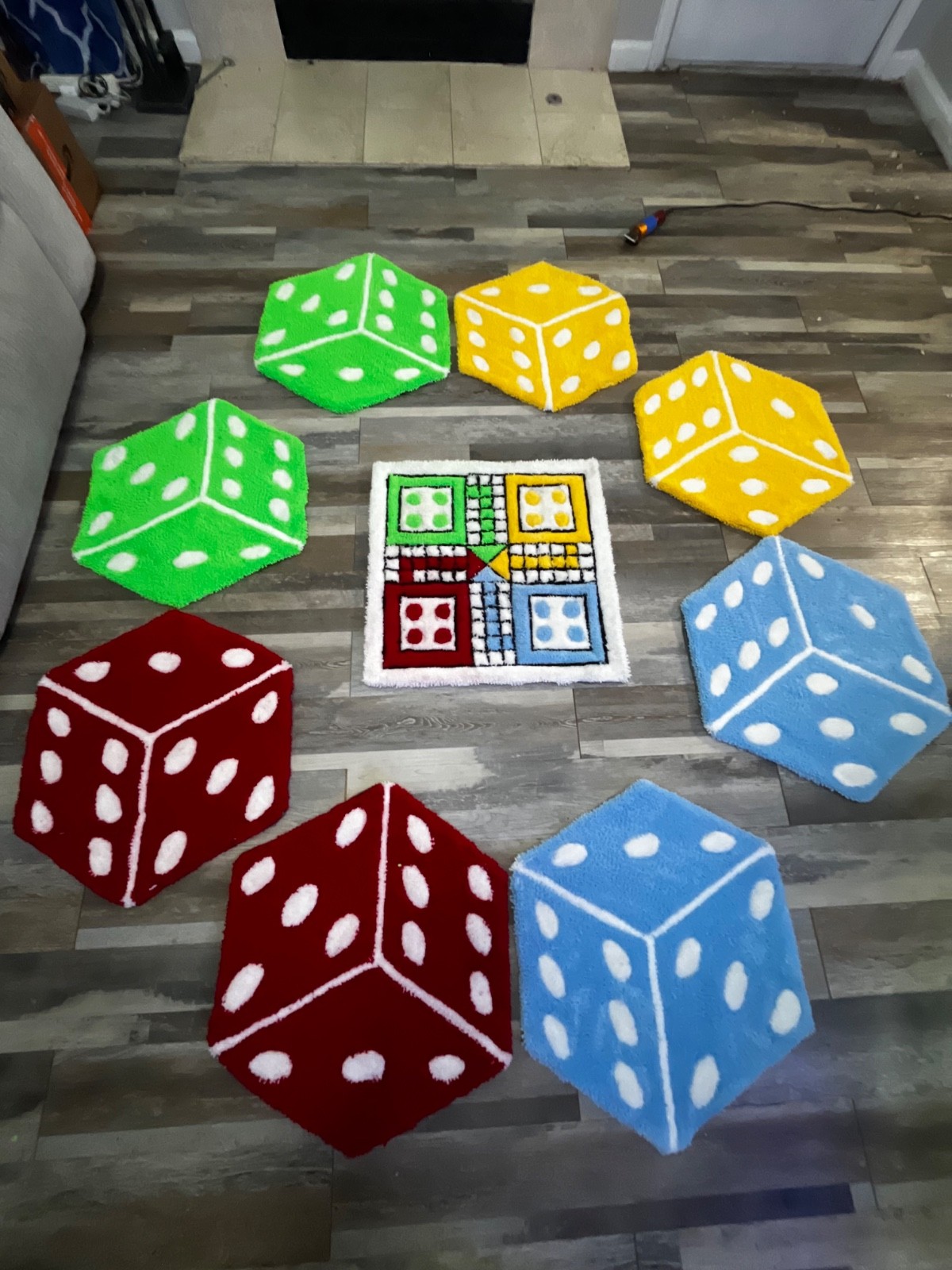Red dice handmade rug in best quality, soft cushion with non slip backing
