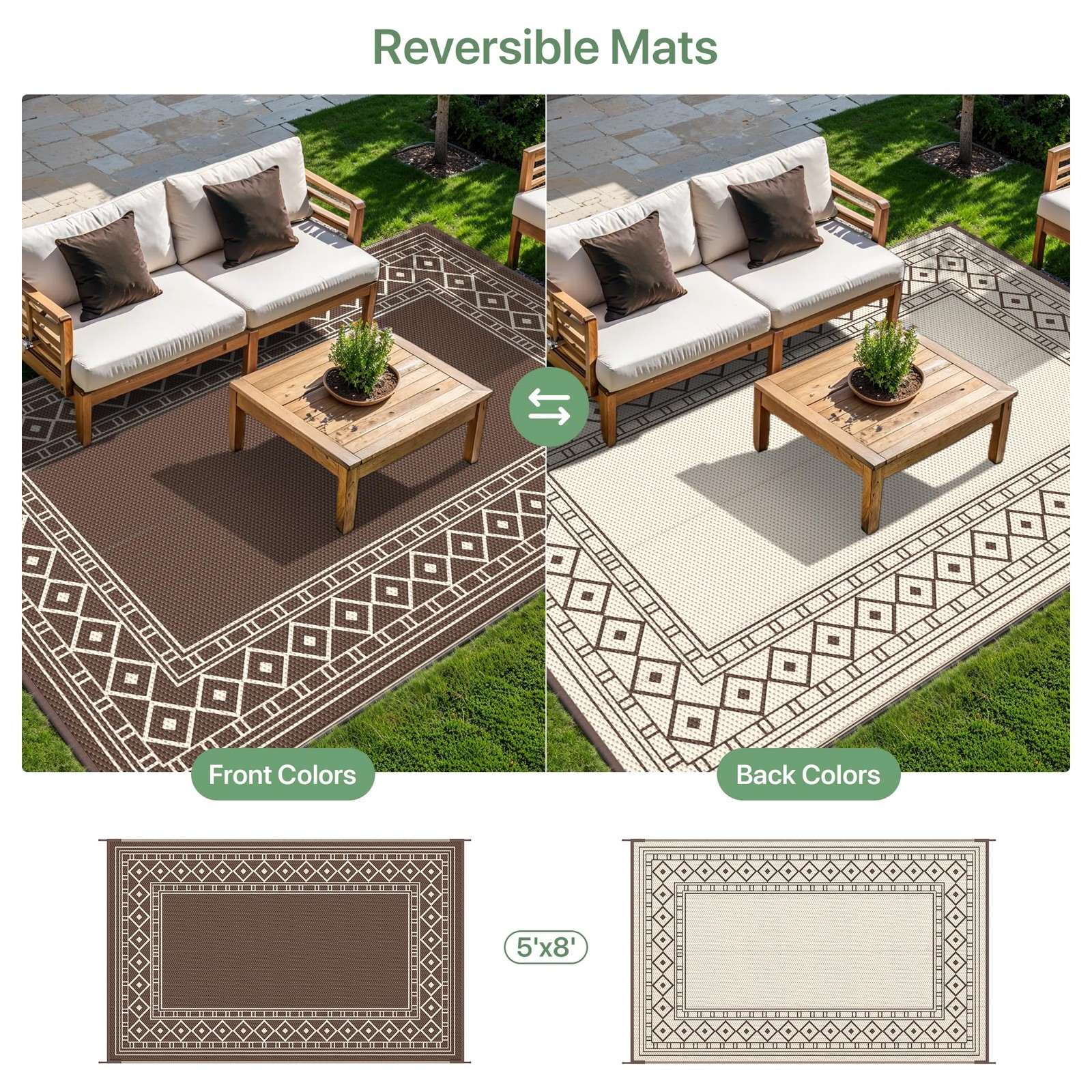 GENIMO Outdoor Rug Waterproof for Patio Decor, 5×8 Reversible Plastic Straw R…