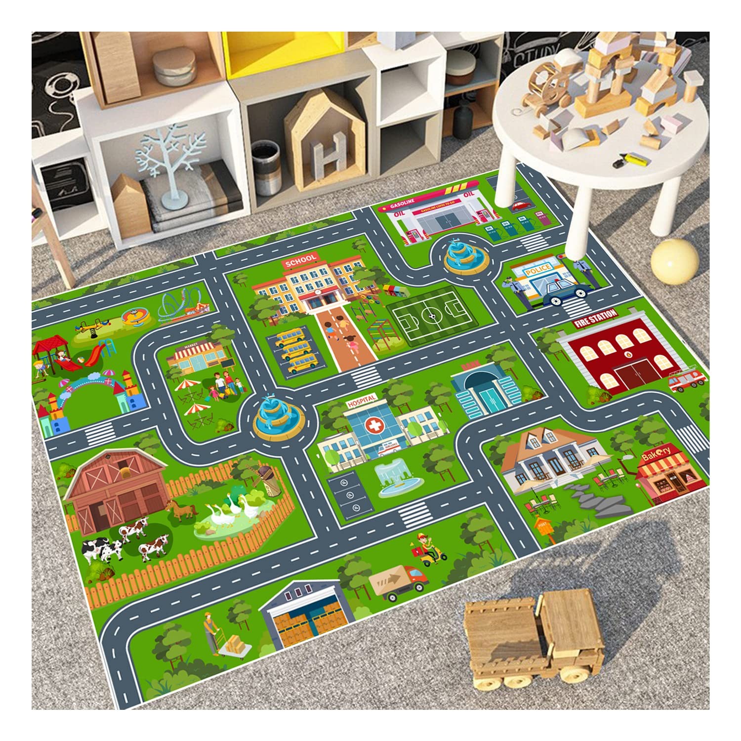 Kids Road Car Rug, 47”x71” Playroom Rugs City Road Race Track Rugs for Play…