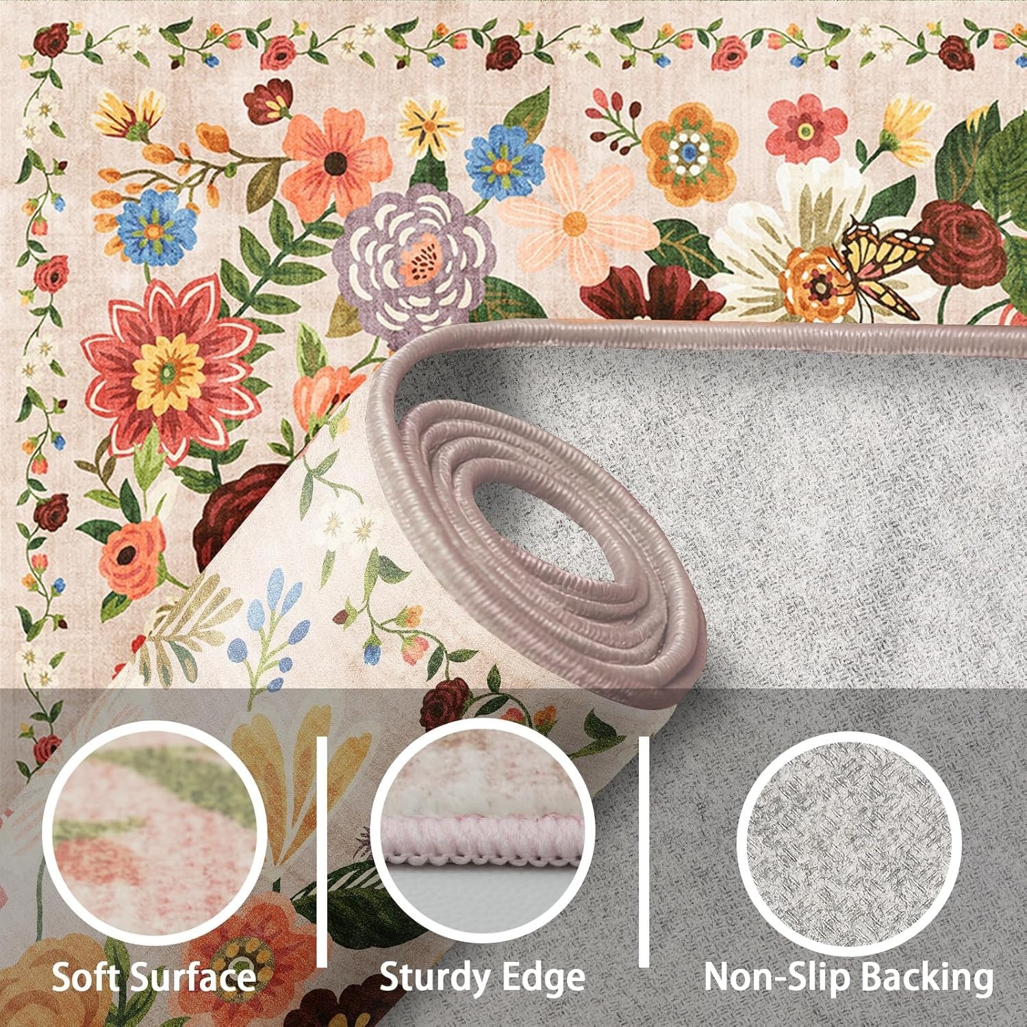 24×17 Ultra-Thin Floral Rug – Versatile Non-Slip Mat for Bathroom and Kitchen