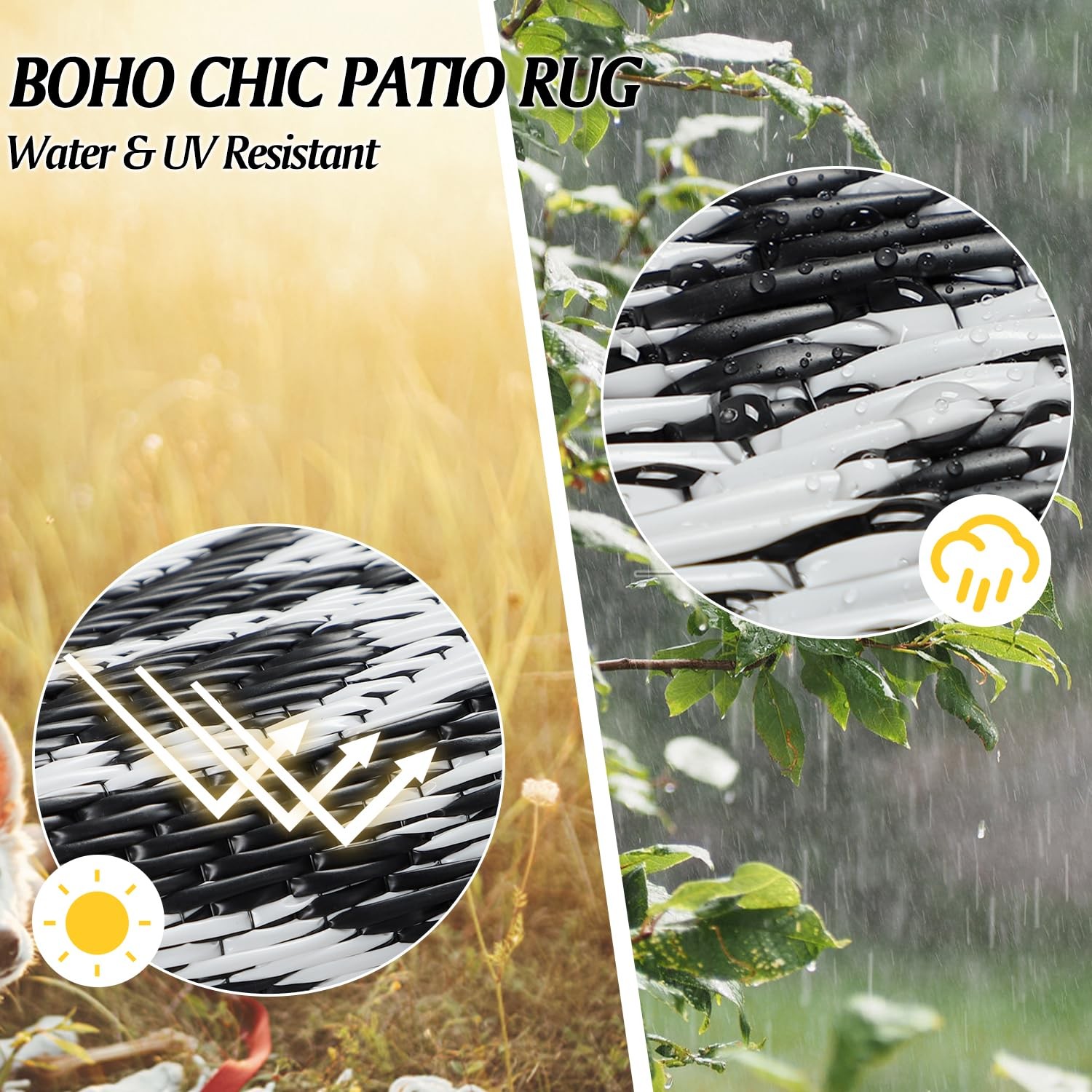 round Outdoor Rugs for Patio 10Ft Waterproof Reversible Outdoor Patio Rugs Black