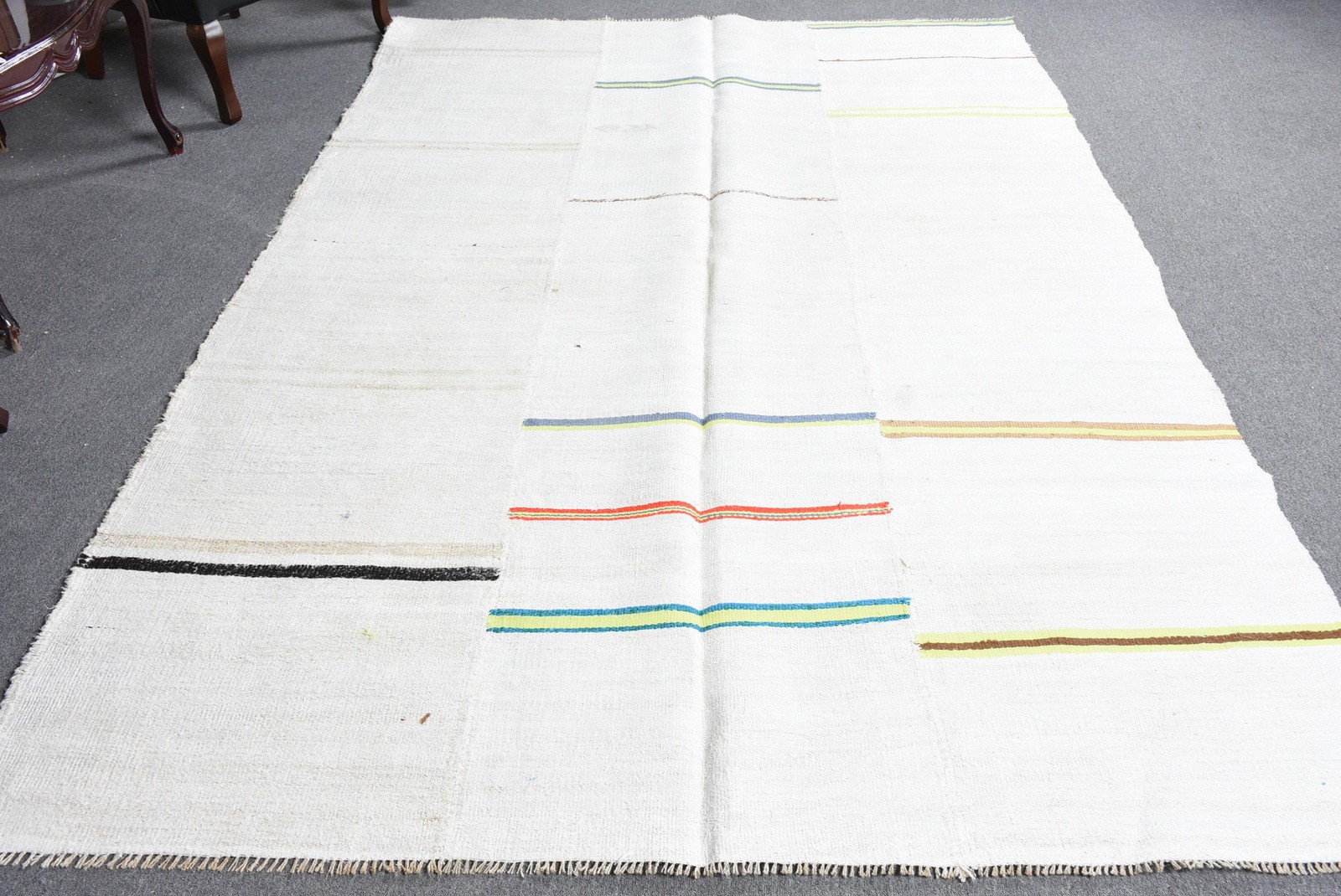 6,1×9,1 ft Vintage Large Rug, White Blue Turkish Polka dot Wool Rug