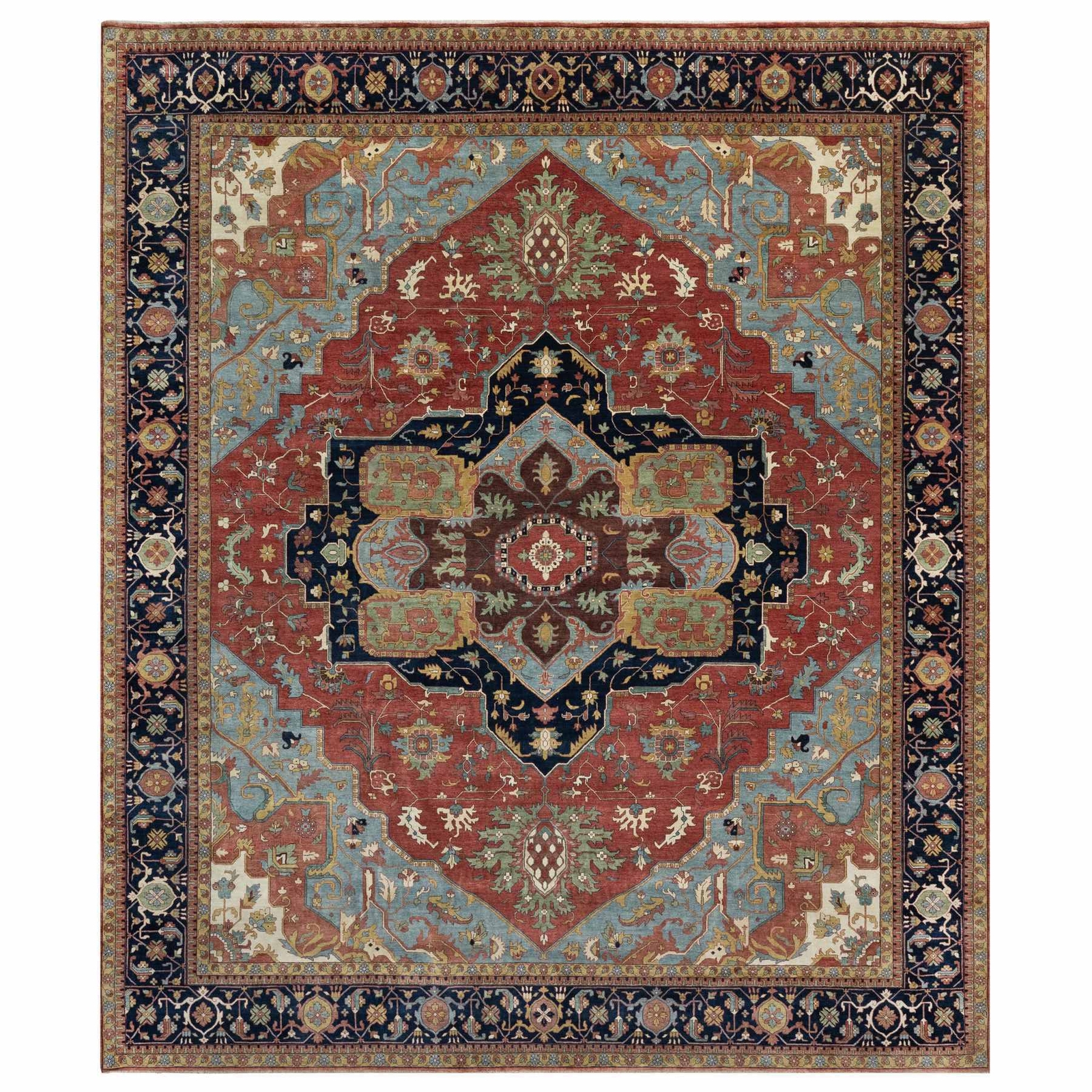 13’9″x16’2″ Red Antiqued Heris ReCreation Hand Knotted Wool Oversized Rug R90744