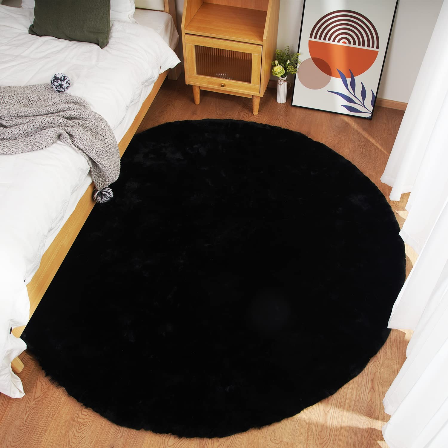 Ghouse Faux Rabbit Fur Round Rug 5Ft Black Round Rugs For Bedroom Decor Fluffy