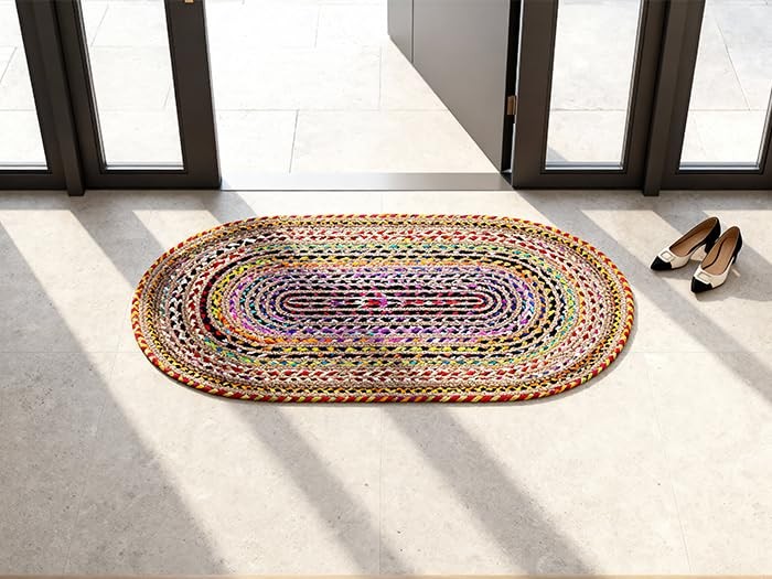 Craft Trade Hand Woven Jute Braided Rug, Natural Reversible Boho Area Rug, Chunk