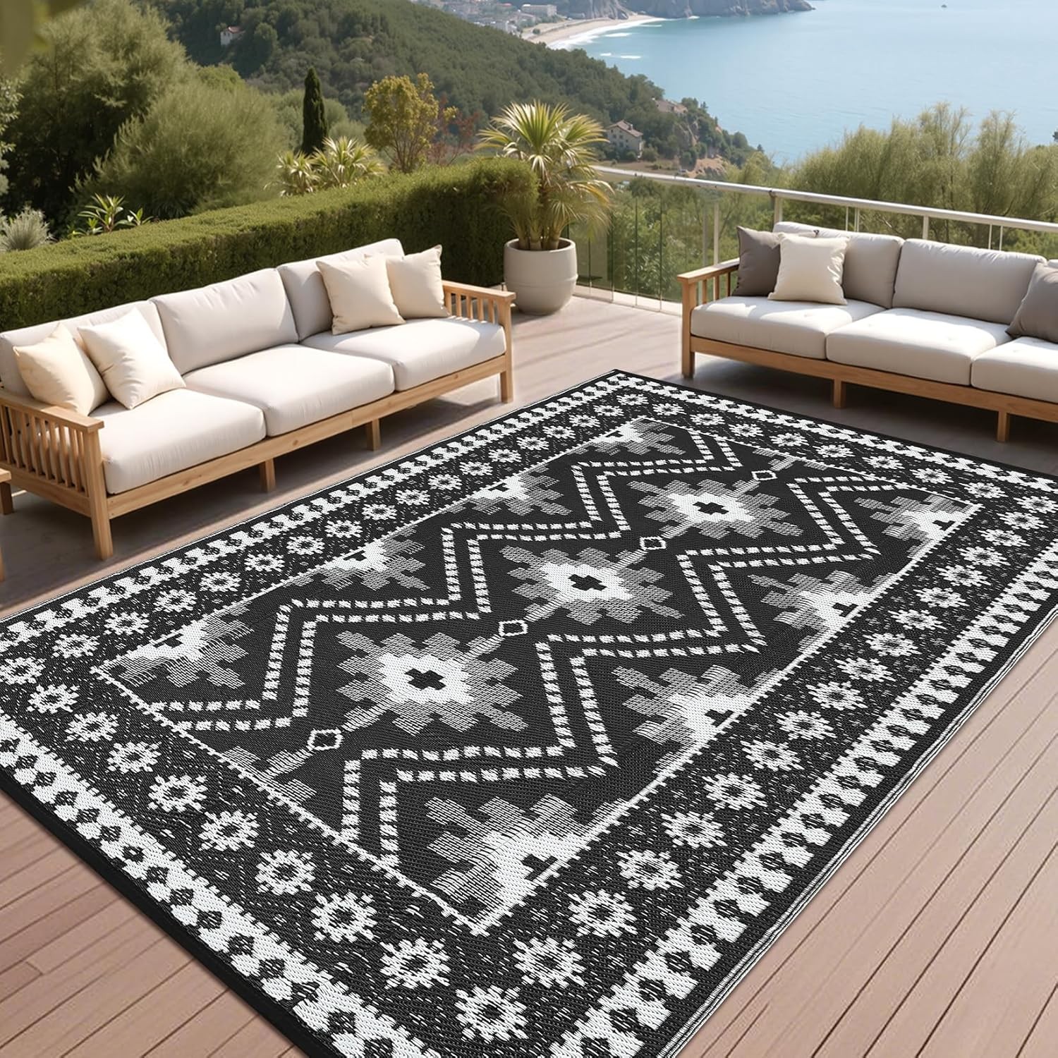 Outdoor Rug Waterproof for Patio, 8×10/9×12/9×18′ Reversible Plastic Straw Rug